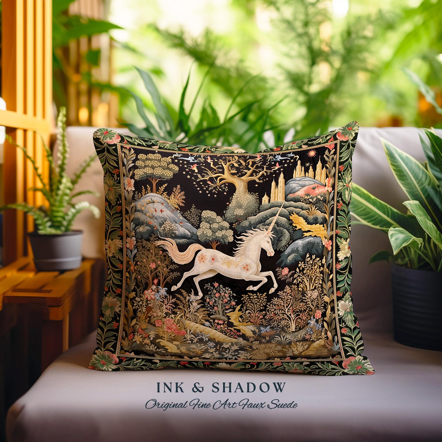 Fairytale Unicorn Pillow Mystical Folklore Aesthetic Whimsical Forestcore | Fairycore Cottagecore Magic Woodland Art Woven Tapestry Cushion