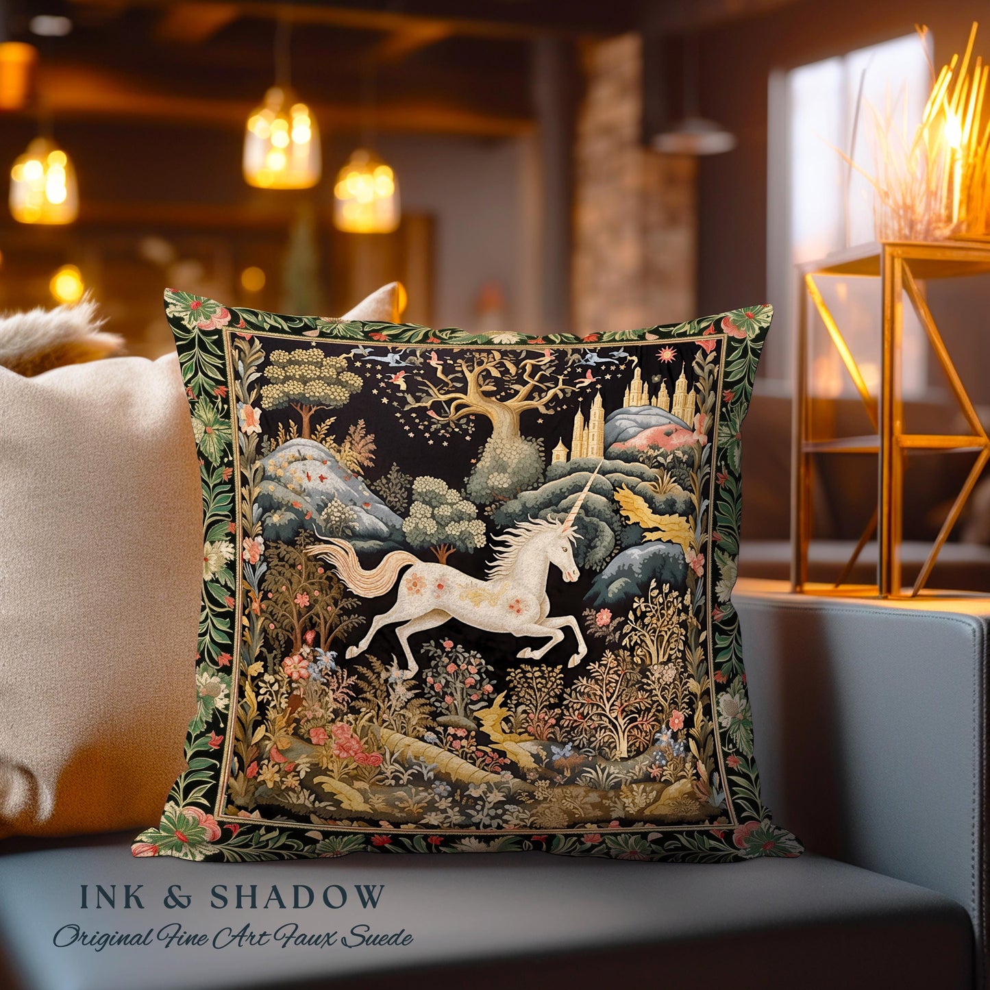 Fairytale Unicorn Pillow Mystical Folklore Aesthetic Whimsical Forestcore | Fairycore Cottagecore Magic Woodland Art Woven Tapestry Cushion