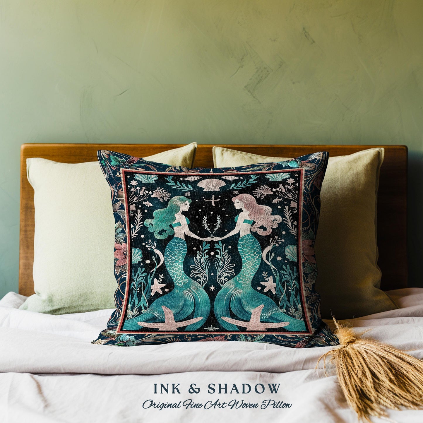 Ethereal Art Nouveau Sea Nymph Tapestry Cushion Whimsical Dark Academia Coastal Pillow Mystical Mermaid Cottagecore Enchanted Ocean Folklore