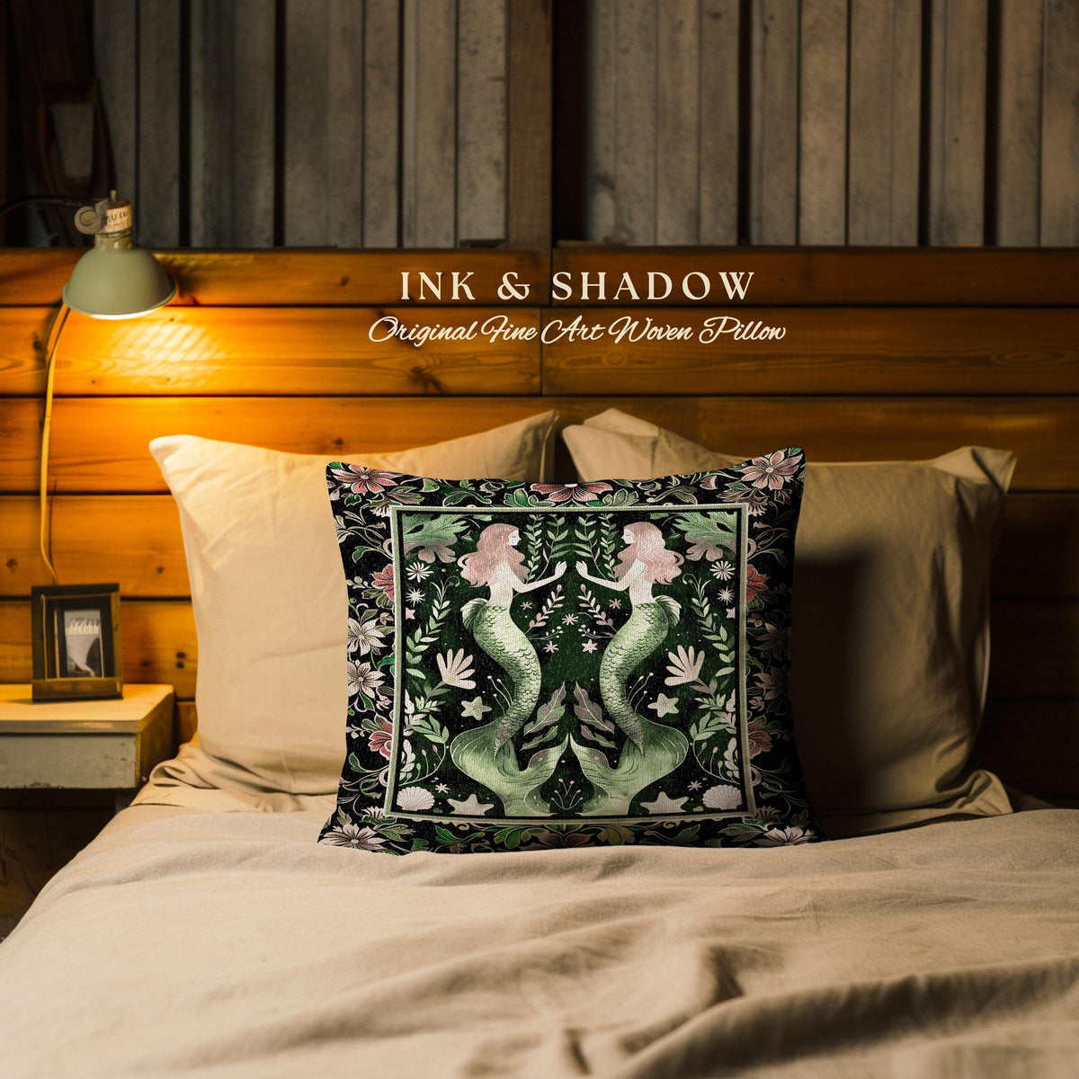 Enchanted Ocean Mermaid Floral Sea Life Tapestry Woven Pillow | Vintage Emerald Green Coastal Cottagecore Art Nouveau Ocean Fantasy Cushion