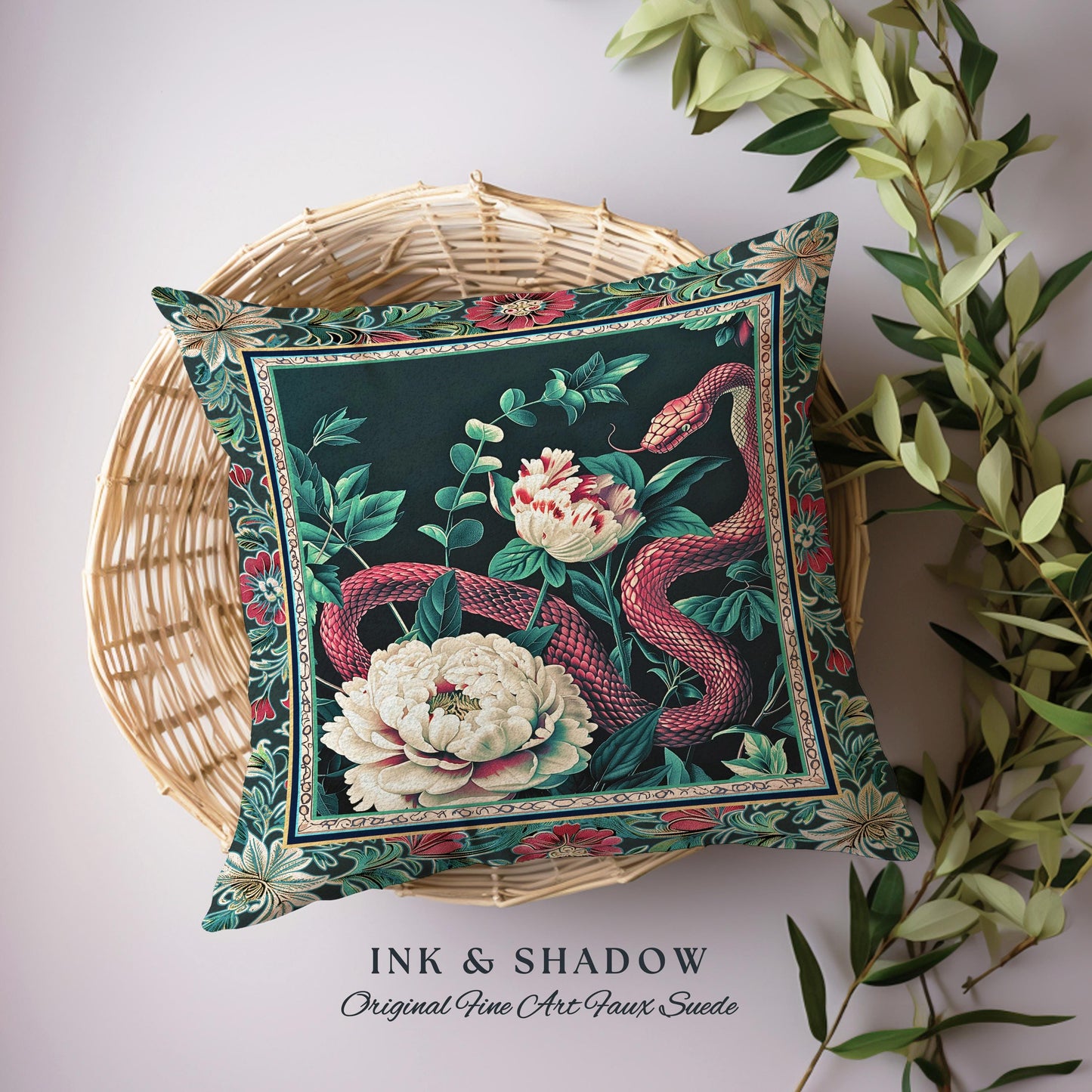 Enchanted Forest Snake Pillow Dark Woodland Floral Gothic Renaissance Decor | Mystical Cottagecore Vintage Serpent Medieval Charm Cushion
