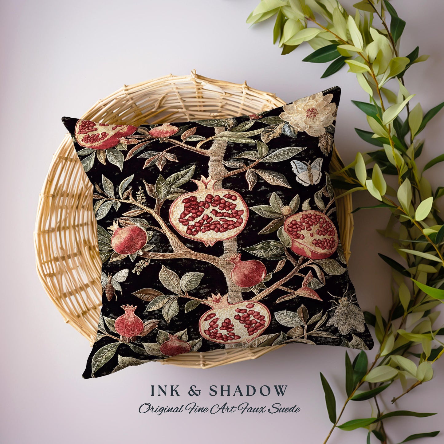 Gothic Pomegranate Pillow Mystical Botanical Woven Accent | Baroque Inspired Dark Academia Floral Butterfly Fruit Whimsigothic Cushion Boho
