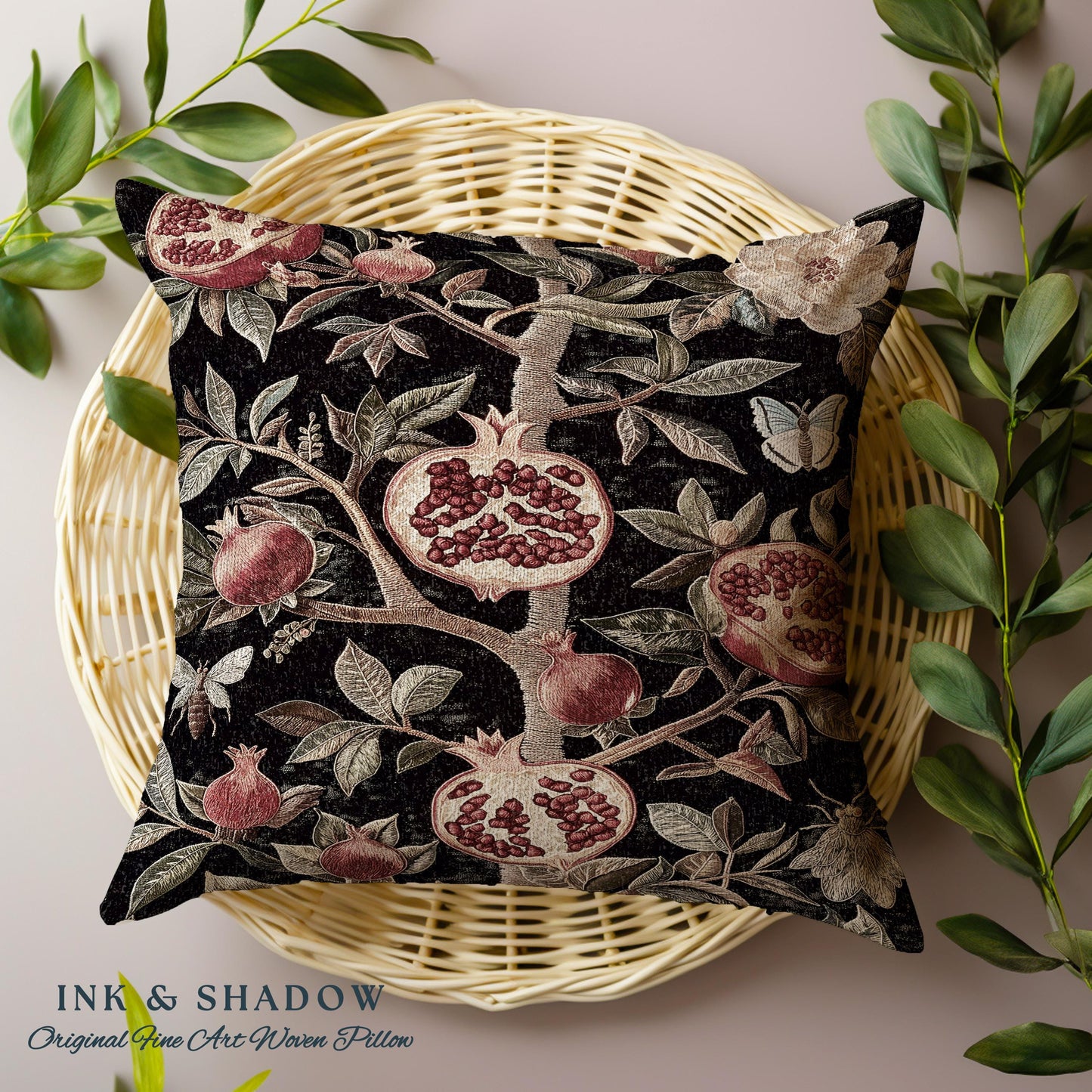 Gothic Pomegranate Pillow Mystical Botanical Woven Accent | Baroque Inspired Dark Academia Floral Butterfly Fruit Whimsigothic Cushion Boho