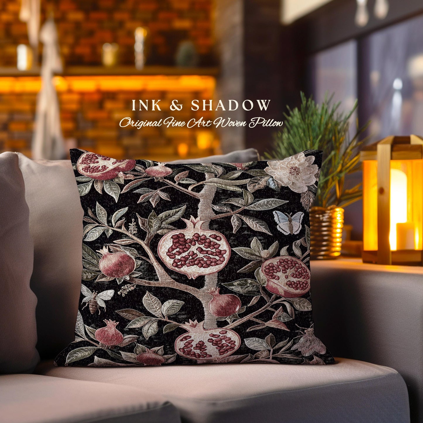 Gothic Pomegranate Pillow Mystical Botanical Woven Accent | Baroque Inspired Dark Academia Floral Butterfly Fruit Whimsigothic Cushion Boho