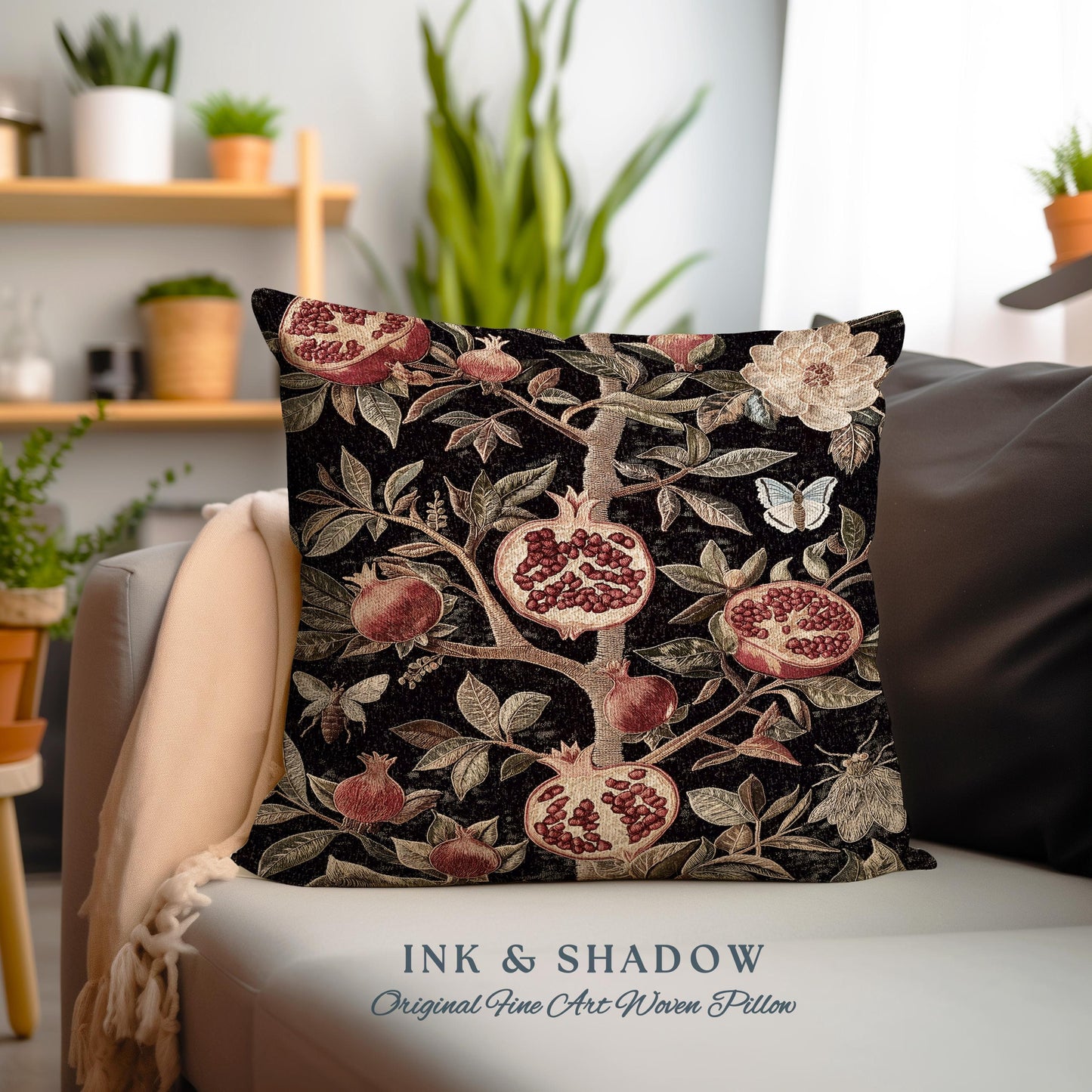 Gothic Pomegranate Pillow Mystical Botanical Woven Accent | Baroque Inspired Dark Academia Floral Butterfly Fruit Whimsigothic Cushion Boho
