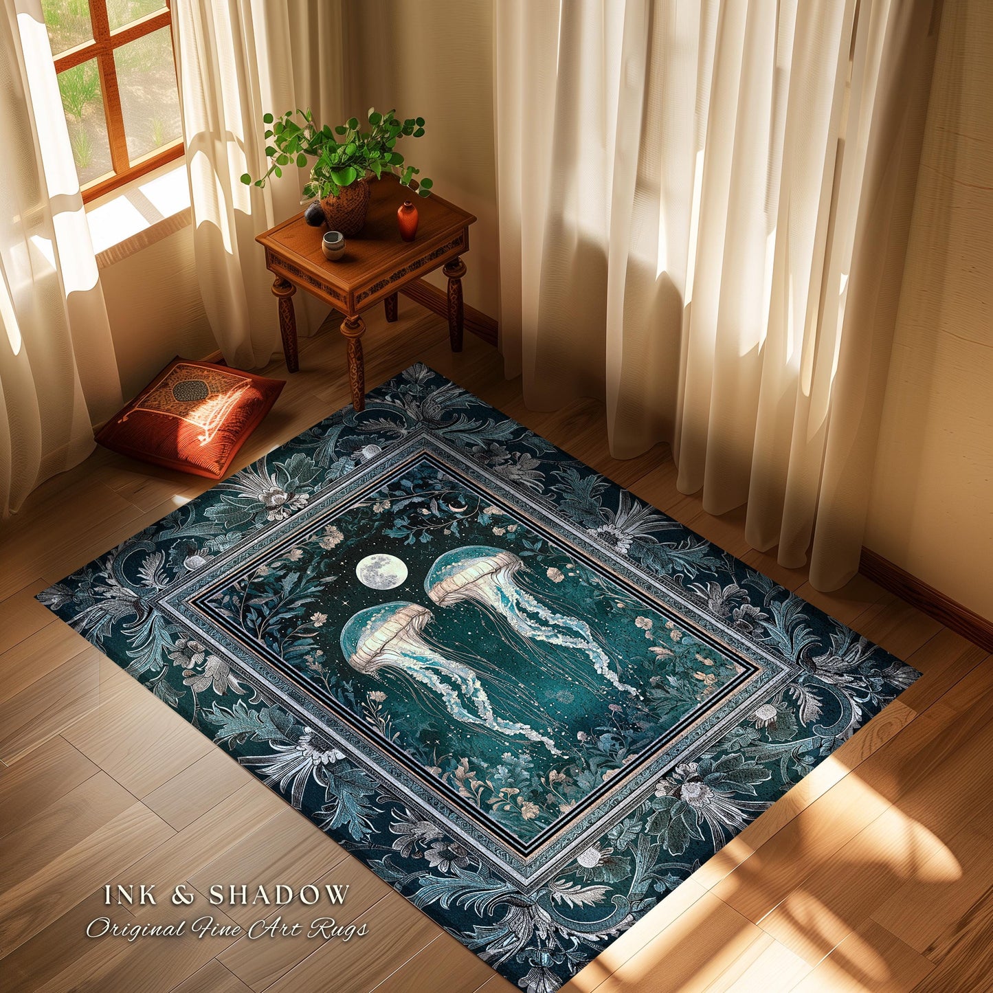 Lunar Ocean Jellyfish Rug Deep Blue Ethereal Coastal Decor, Enchanted Art Nouveau Cottagecore Marine Scene Moonlight Nautical Underwater Rug