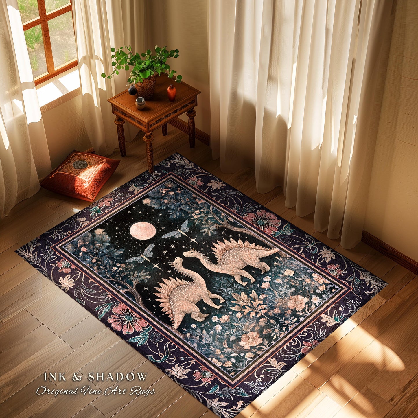 Cute Dino Whimsical Moonlit Area Rug | Moth Night Sky Ethereal Woodland Dinosaur Accent Rug Ornate Medieval Floral Vintage Dark Maximalist |