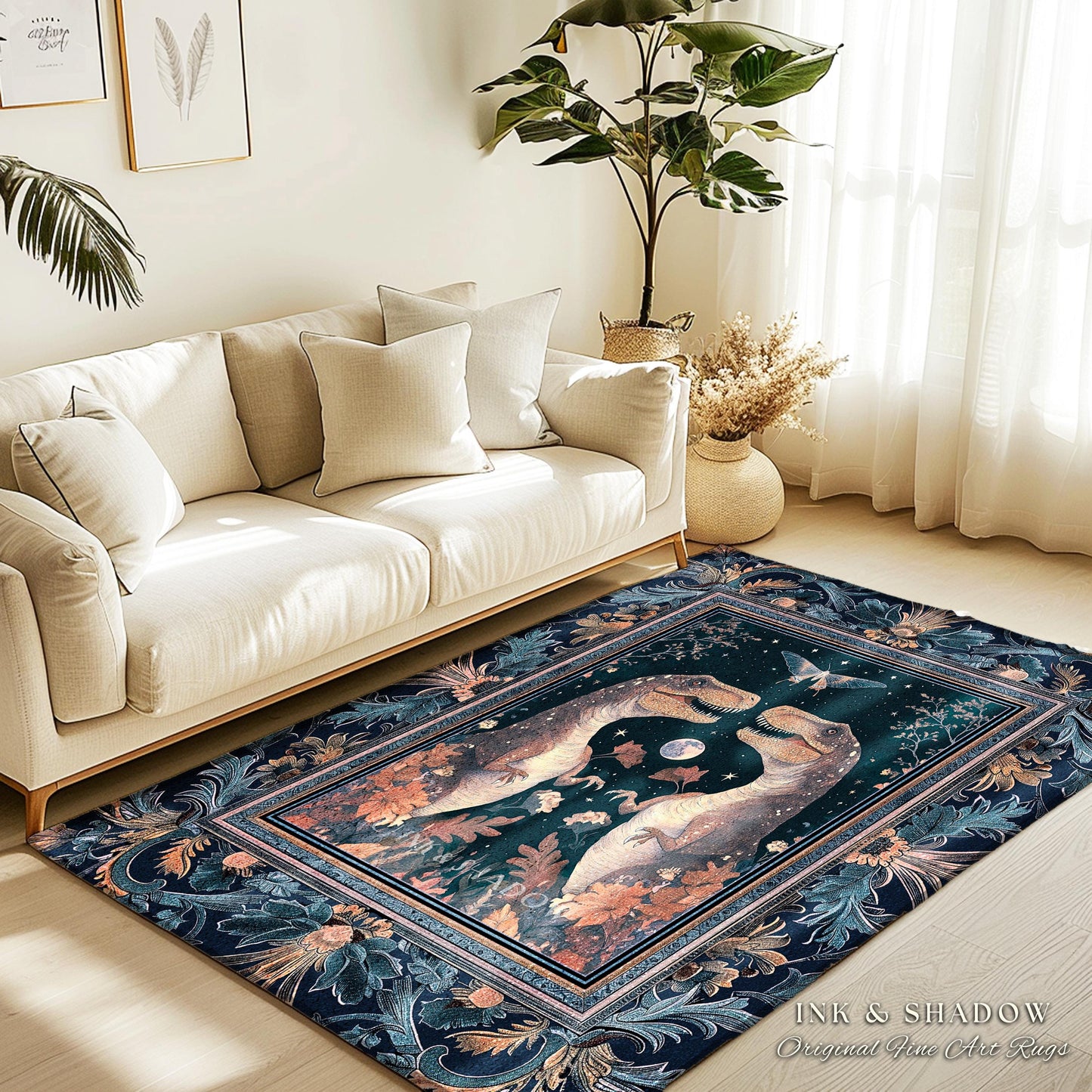 Enchanted Moth Dinosaur Rug | Whimsical T-Rex Dino Home Accent Rug Enchanted Garden Moonlit Cottagecore Indigo Blue Jurassic Forestcore |