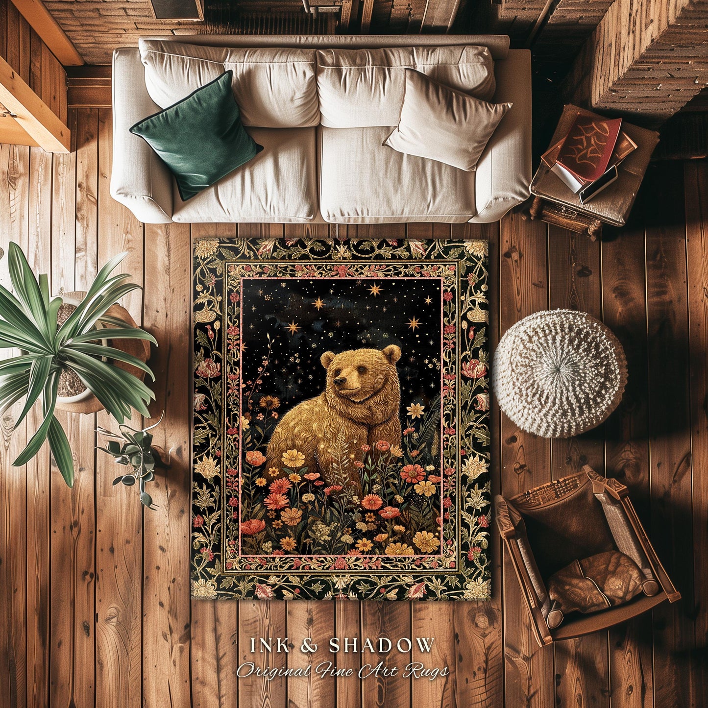 Fairytale Bear Rug Enchanted Woodland Celestial Wildflower Starscape | Whimsical Dark Floral Fairycore Magic Whimsigoth Foestcore Home Decor