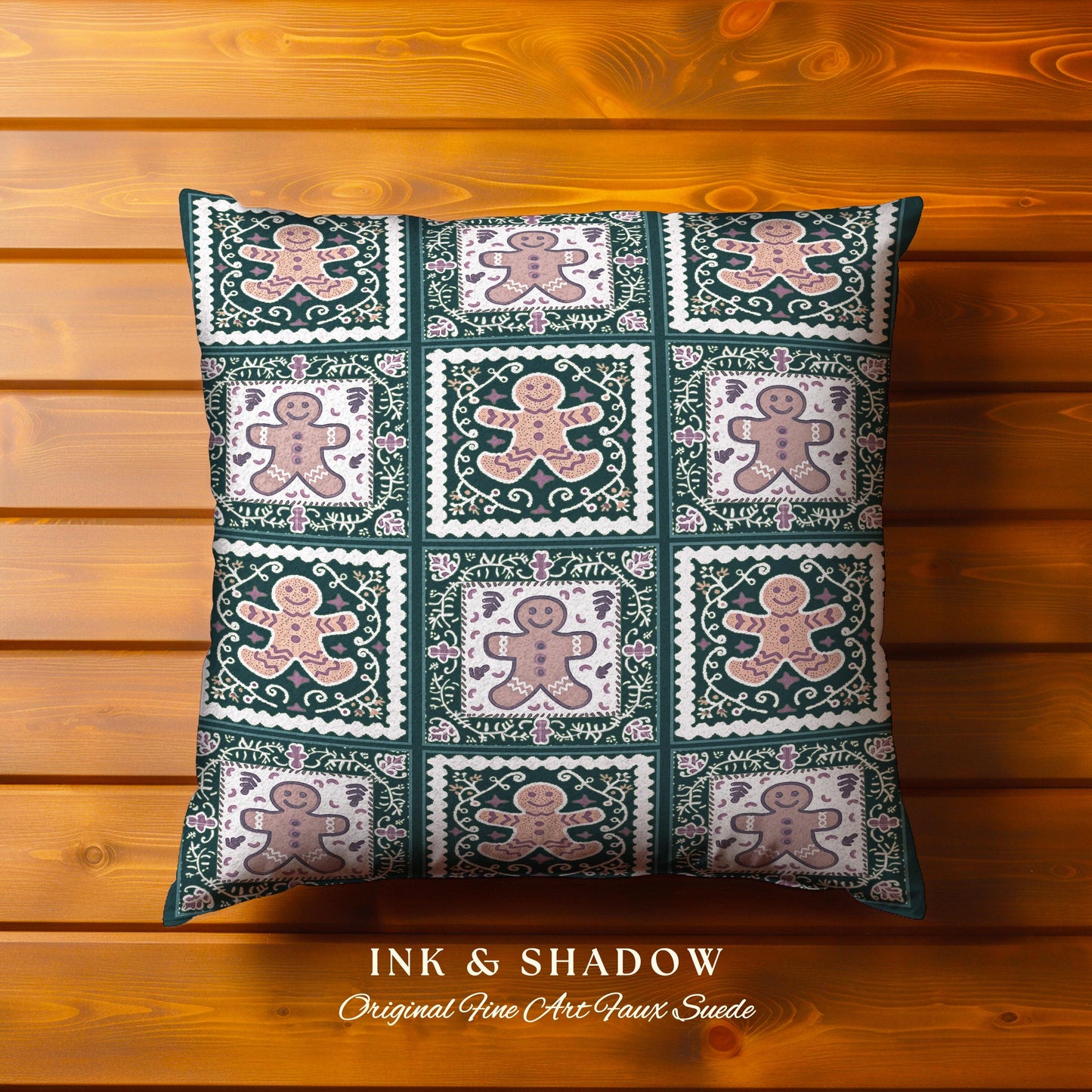 Rustic Bohemian Gingerbread Pillow Farmhouse Cottagecore Holiday Decor | Vintage Patchwork Cozy Christmas Tapestry Cushion Festive Folk Art
