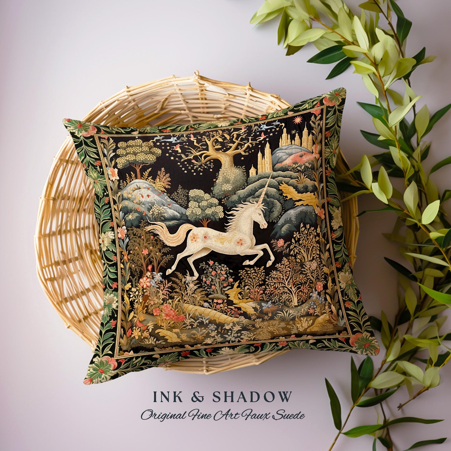 Fairytale Unicorn Pillow Mystical Folklore Aesthetic Whimsical Forestcore | Fairycore Cottagecore Magic Woodland Art Woven Tapestry Cushion