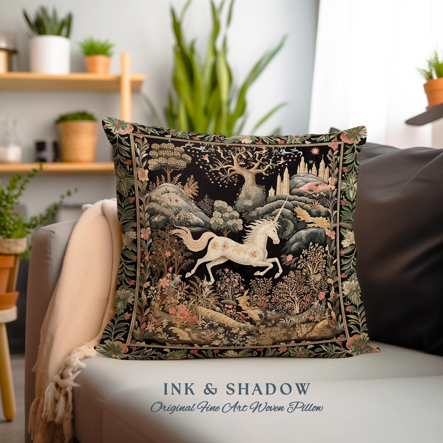 Fairytale Unicorn Pillow Mystical Folklore Aesthetic Whimsical Forestcore | Fairycore Cottagecore Magic Woodland Art Woven Tapestry Cushion