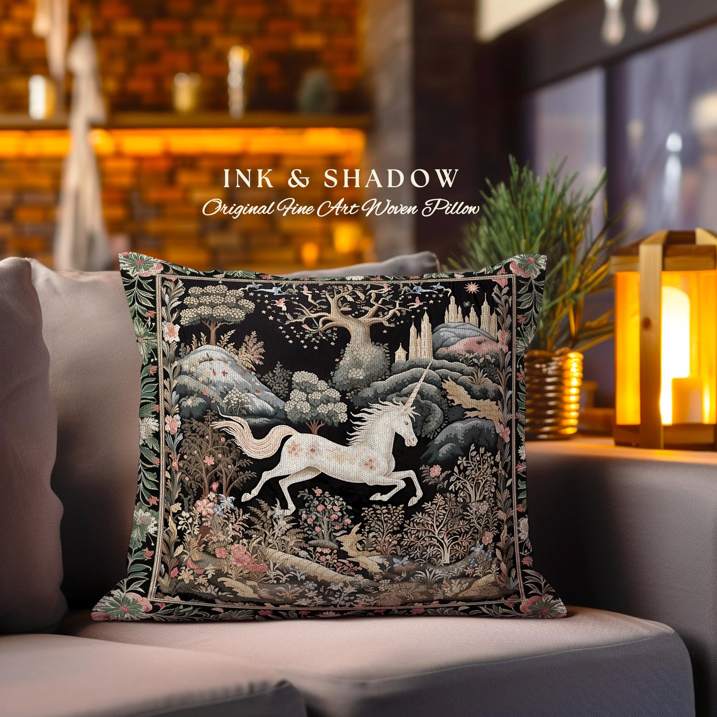 Fairytale Unicorn Pillow Mystical Folklore Aesthetic Whimsical Forestcore | Fairycore Cottagecore Magic Woodland Art Woven Tapestry Cushion