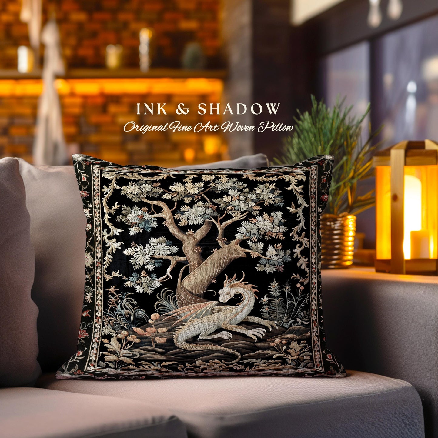 Fantasy Inspired Dragon Pillow Dark Academia Book Nook Decor | Gothic Maximalist Aesthetic Fairytale Magical Forestcore Game Room Cushion