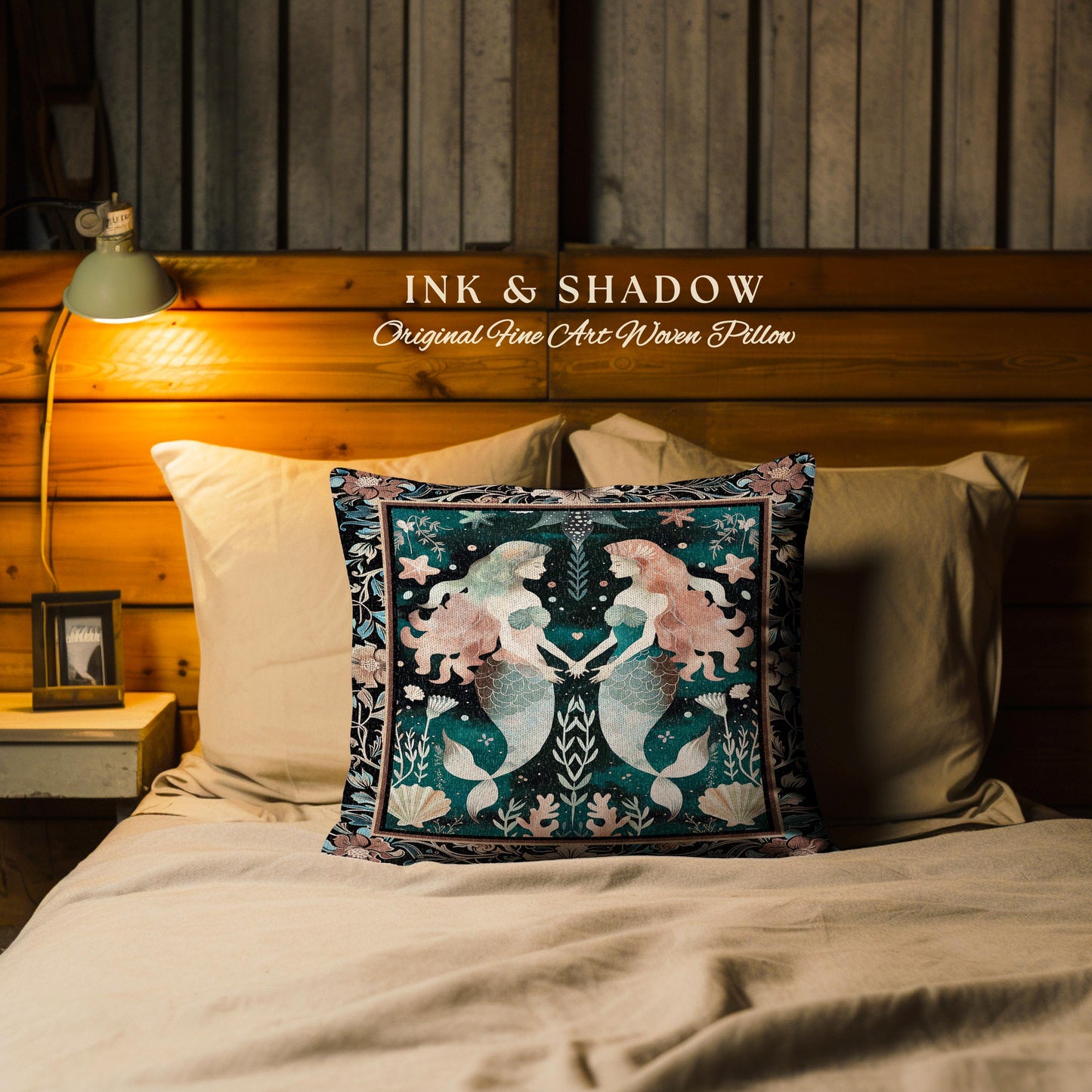 Whimsical Art Nouveau Mermaid Tapestry Cushion Costal Cottagecore Pillow | Enchanted Underwater Ocean Folklore Mystical Sea Nymph Home Decor