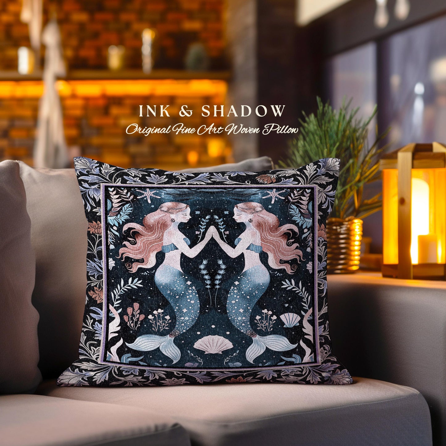 Ocean Sea Nymph Pillow Art Nouveau Mystical Mermaid Tapestry Cushion, Whimsical Coastal Cottagecore Enchanted Dark Oceanic Fantasy Folklore
