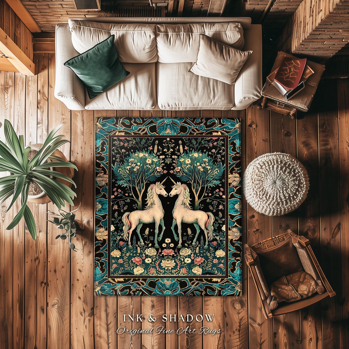 Fantasy Garden Unicorn Round Rug Cottagecore Art Nouveau Fairycore Decor | Whimsical Woodland Fairytale Victorian Floral Enchanted Accent |
