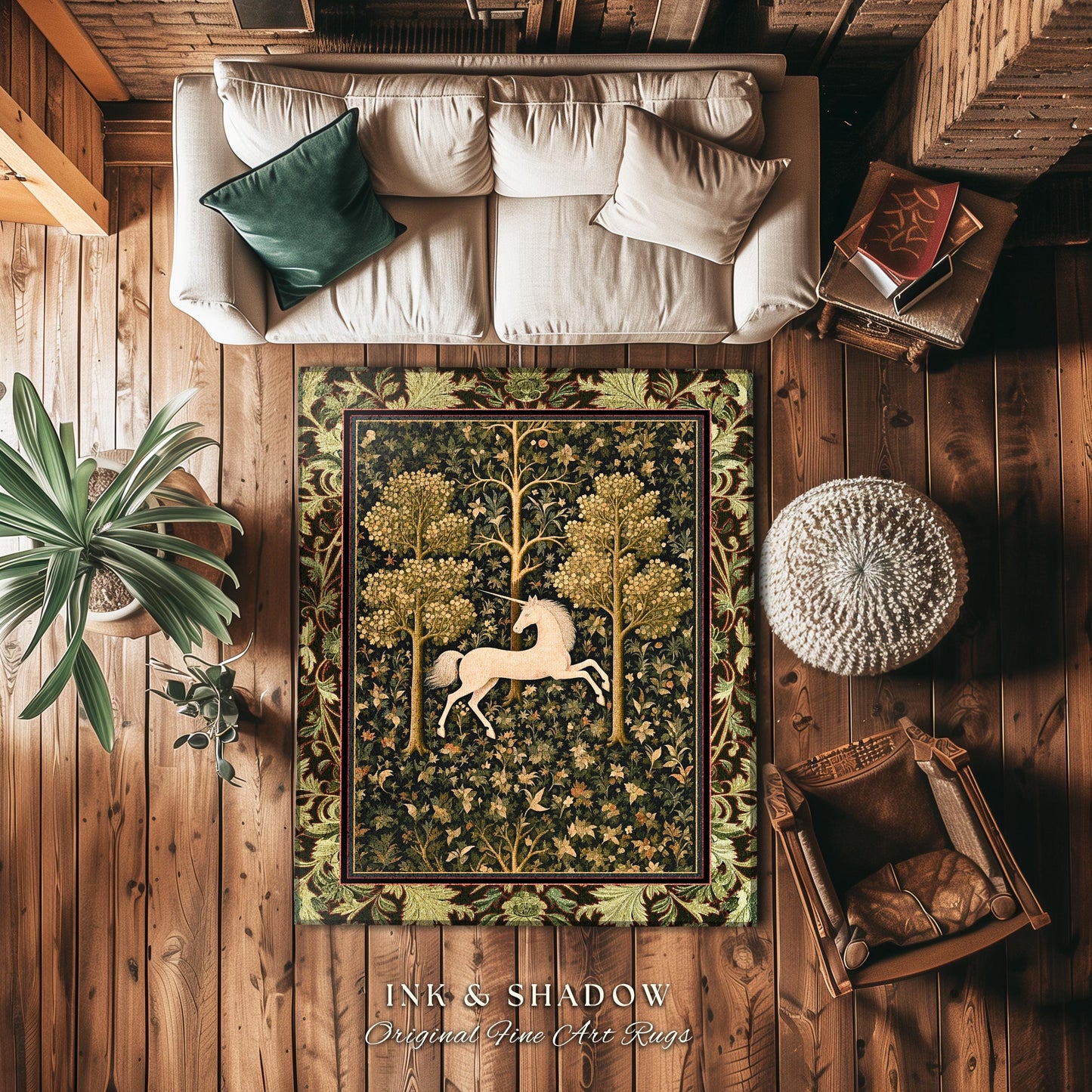 Magic Aesthetic Unicorn Round Area Rug Cottagecore Style, Dark Academia Folklore Decor Maximalist Fantasy Art Enchanted Fairytale Accent