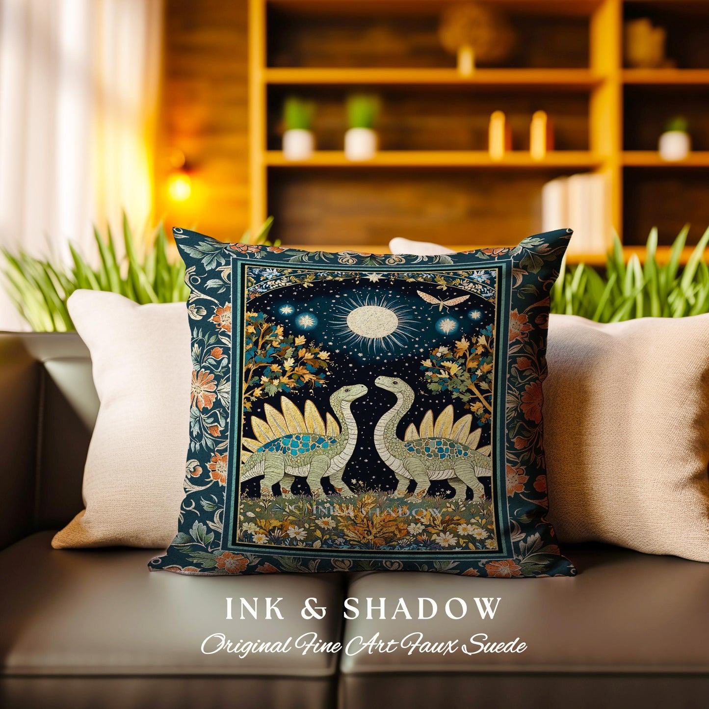 Whimsical Forestcore Mystical Dinosaur Pillow Starry Night Enchanted Woodland Decor | Magic Celestial Cottagecore Stegosaurus Home Accent