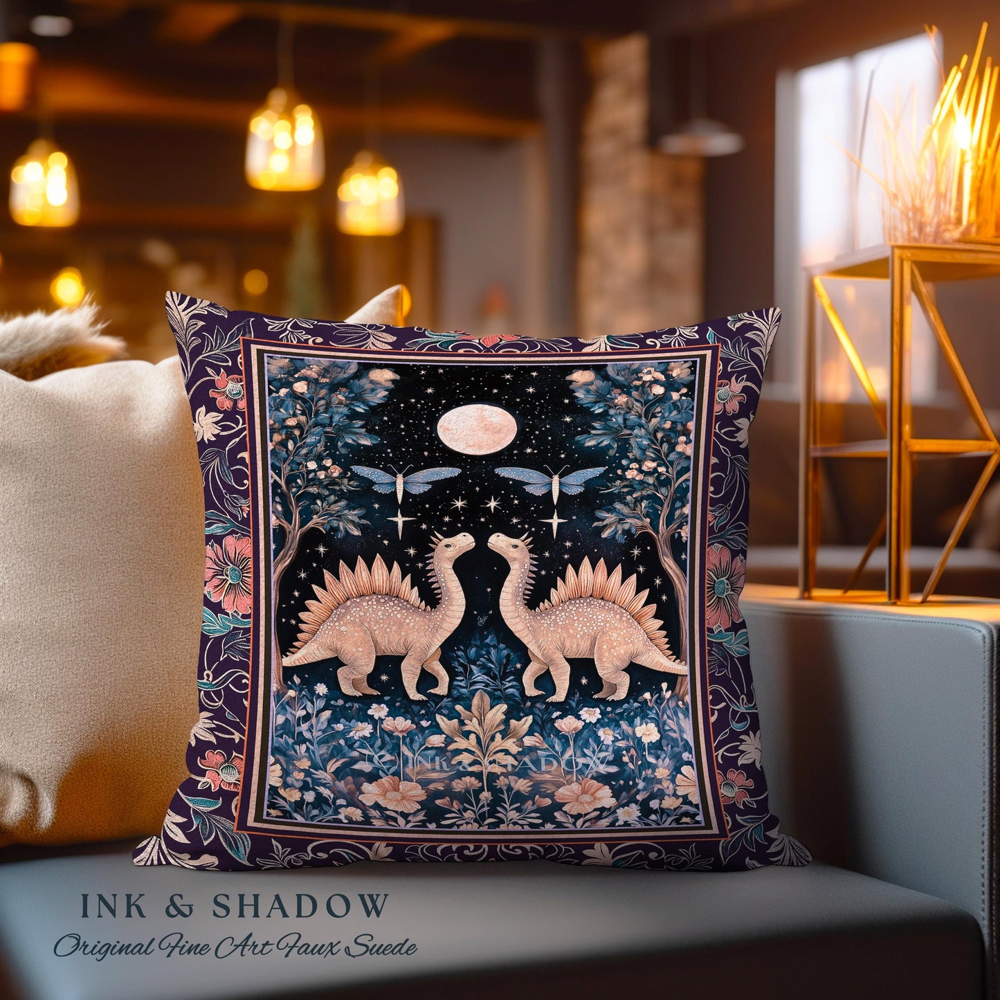 Cute Dino Whimsical Moonlit Pillow | Moth Night Sky Ethereal Woodland Dinosaur Woven Cushion Ornate Medieval Floral Vintage Dark Maximalist