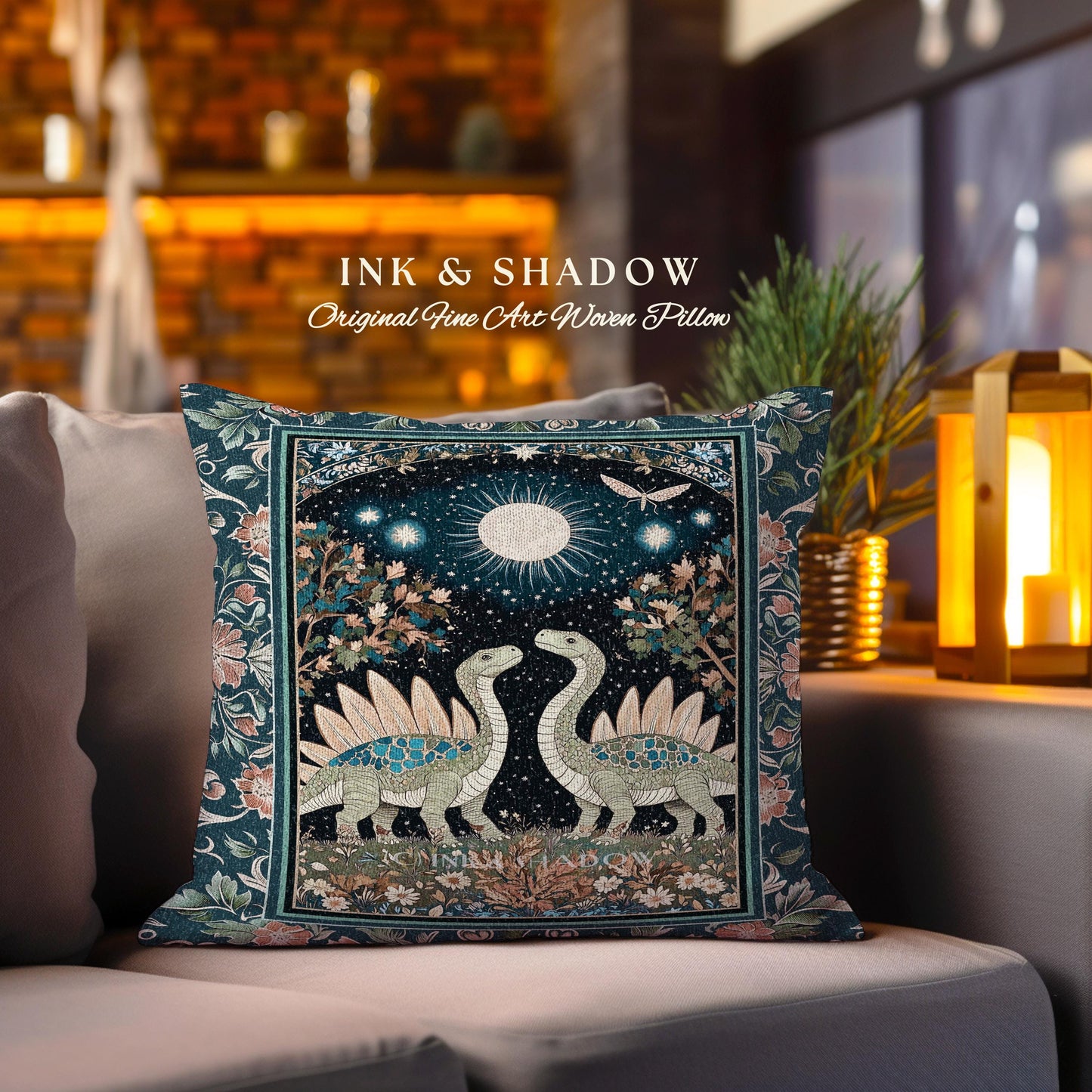 Whimsical Forestcore Mystical Dinosaur Pillow Starry Night Enchanted Woodland Decor | Magic Celestial Cottagecore Stegosaurus Home Accent