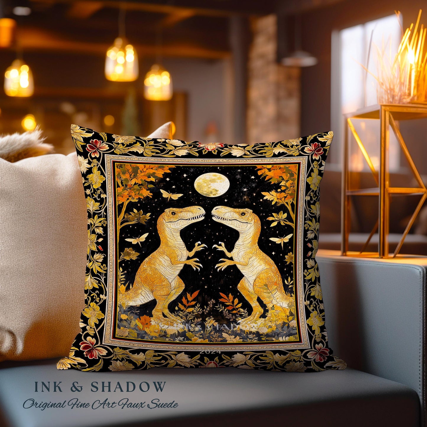 Regal Dinosaur Lovers Pillow Antique Gold Baroque Botanical Moonlit Night Decor | Dark Academia Celestial T-Rex Ornate Whimsigothic Accent