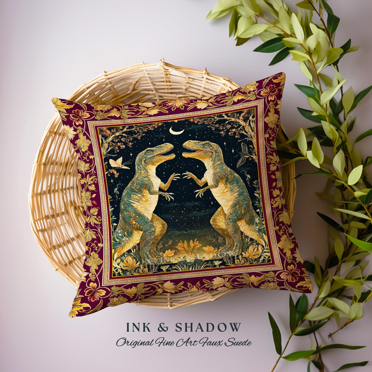 Medieval T-Rex Pillow Vintage Celestial Night Sky Enchanted Woodland Gothic Decor, Dark Nature Dinosaur Baroque Elegance Folklore Cushion |