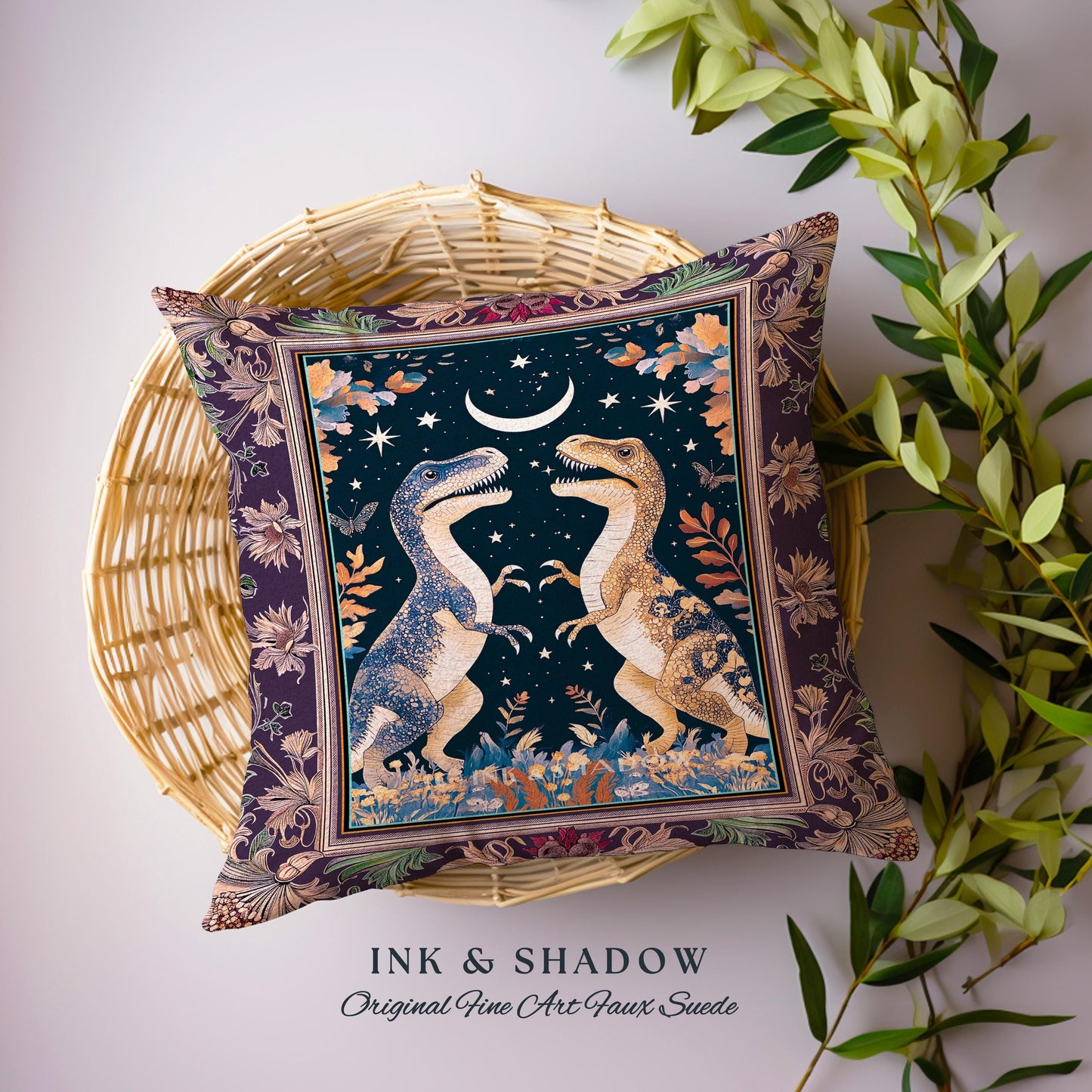 Whimsigoth Dinosaur Pillow Celestial T-Rex Starry Night Decor, Mystic Jurassic Forest Fairycore Enchanted Woodland Witchy Magic Cottagecore