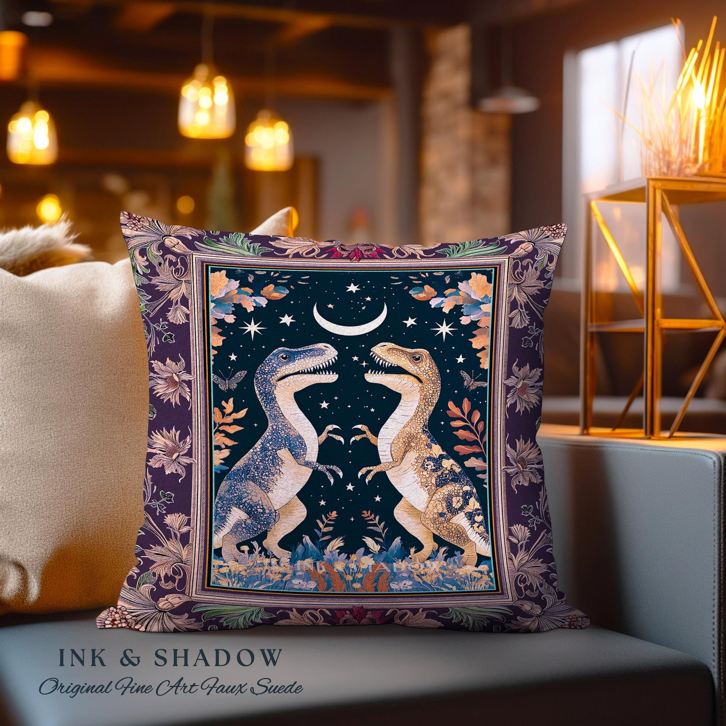 Whimsigoth Dinosaur Pillow Celestial T-Rex Starry Night Decor, Mystic Jurassic Forest Fairycore Enchanted Woodland Witchy Magic Cottagecore