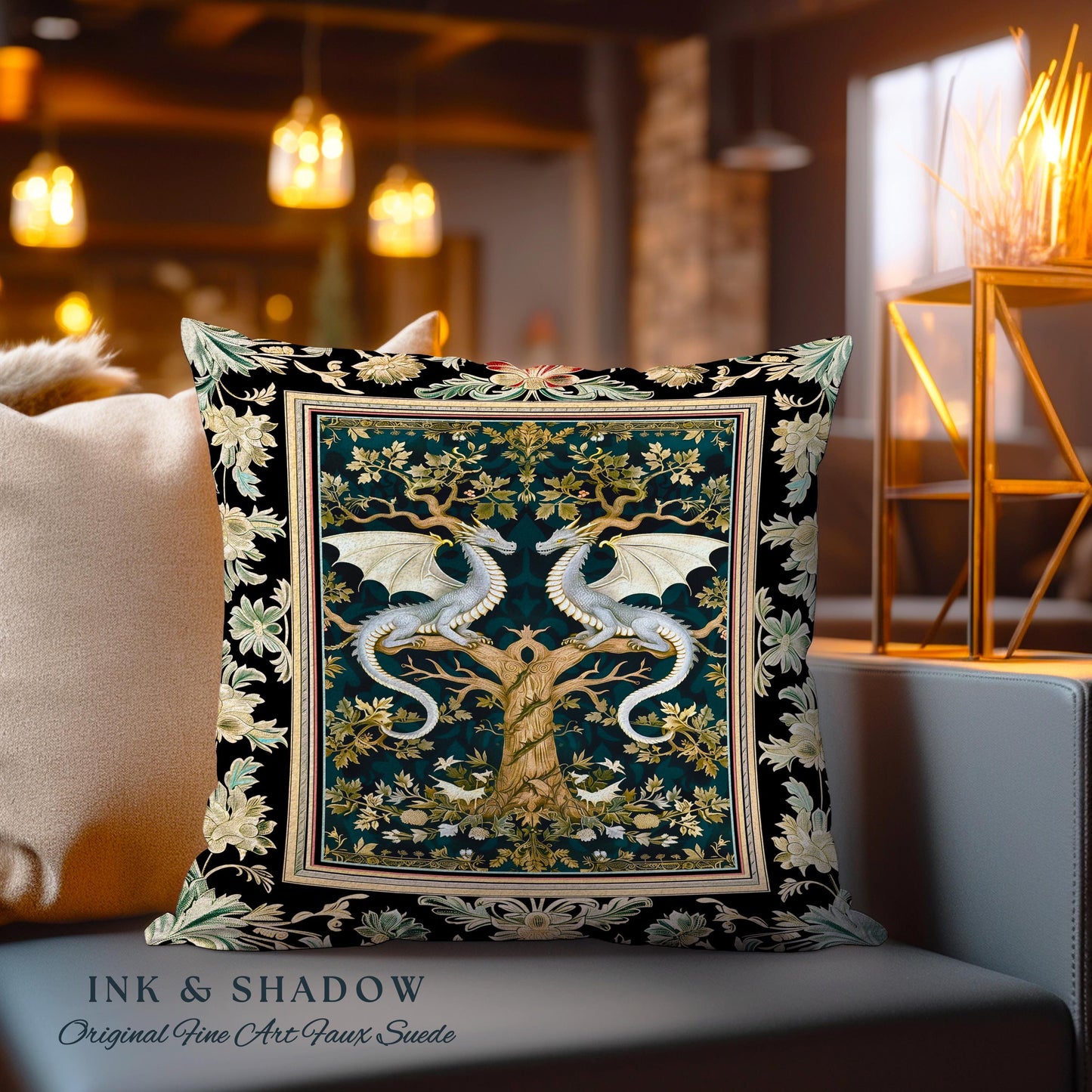 Mystical Victorian Dragon Pillow Ornate Floral Art Nouveau Design, Enchanted Baroque Forest Fantasy Medieval Gothic Cottagecore Accent Decor