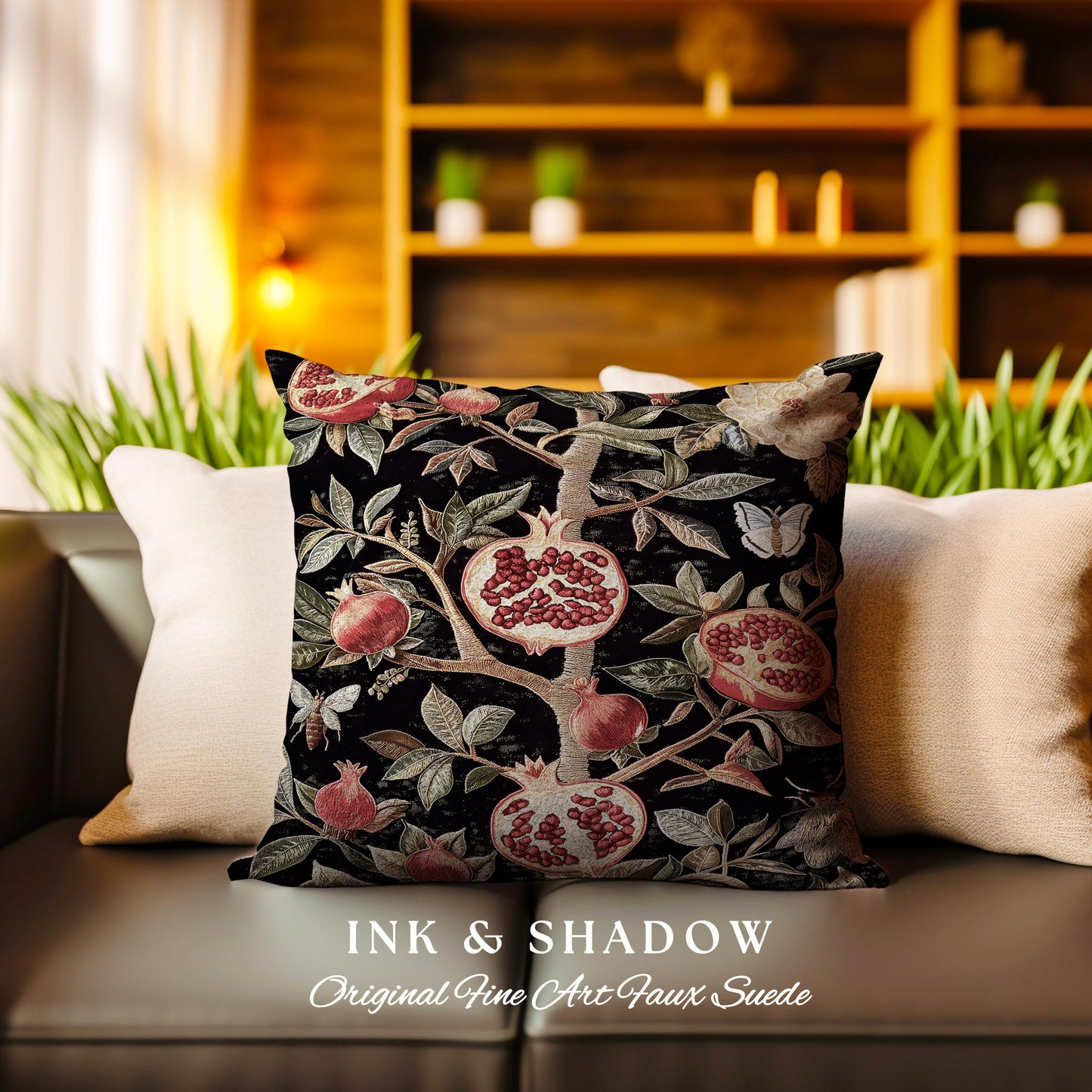 Gothic Pomegranate Pillow Mystical Botanical Woven Accent | Baroque Inspired Dark Academia Floral Butterfly Fruit Whimsigothic Cushion Boho