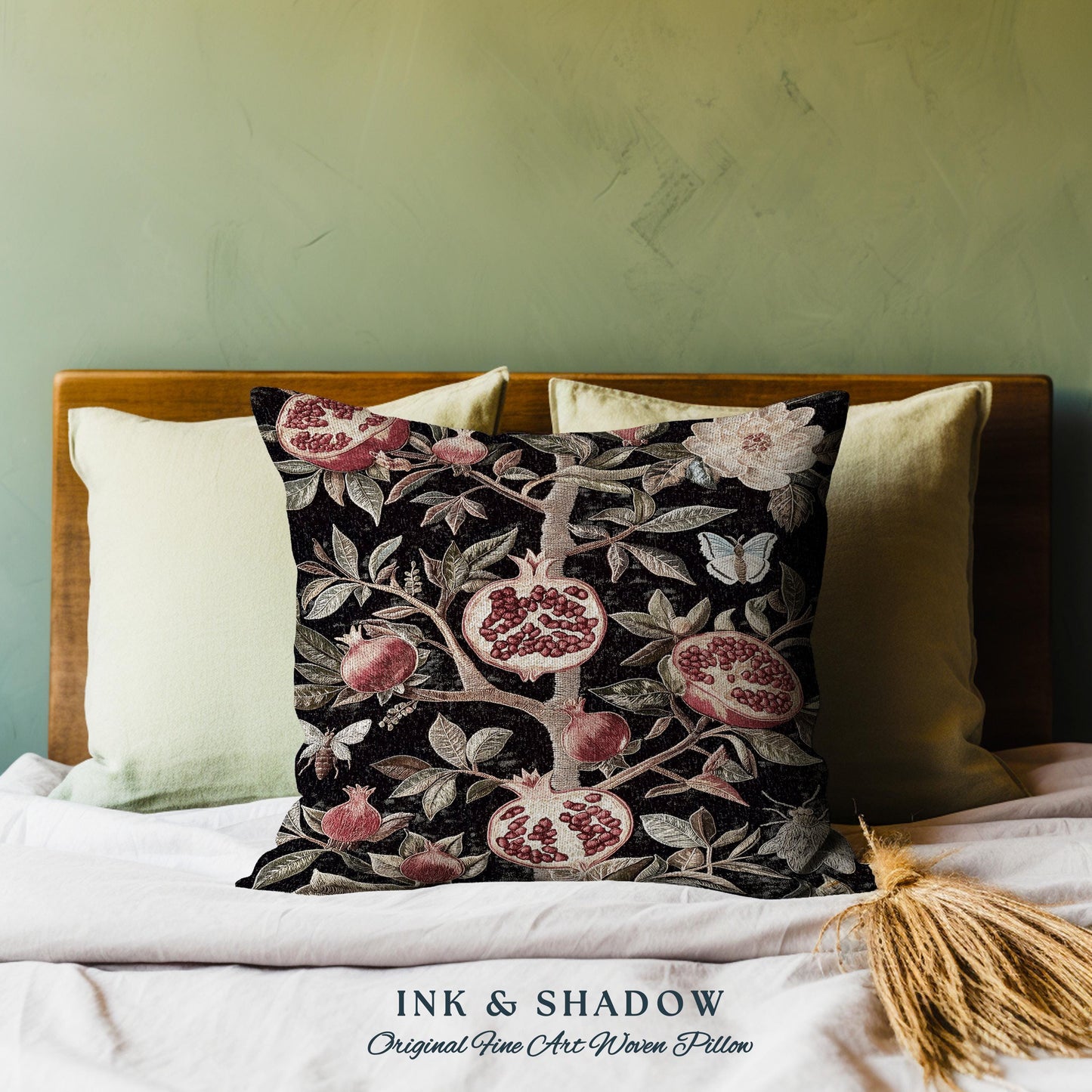 Gothic Pomegranate Pillow Mystical Botanical Woven Accent | Baroque Inspired Dark Academia Floral Butterfly Fruit Whimsigothic Cushion Boho