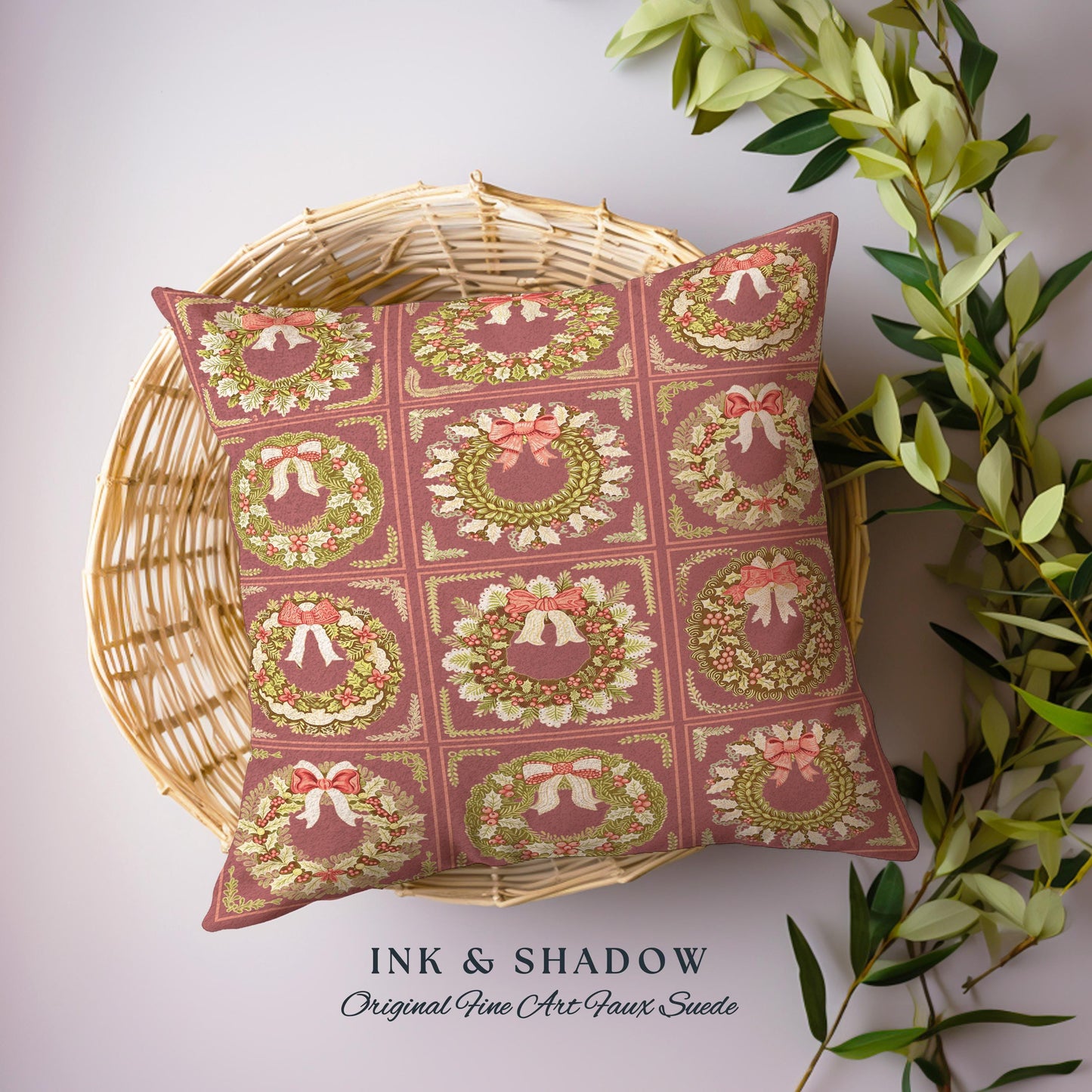 Cinnamon Spice Coquette Christmas Wreath Woven Tapestry Pillow Romantic Baroque Aesthetic | Vintage Folklore Art Cottagecore Festive Cushion