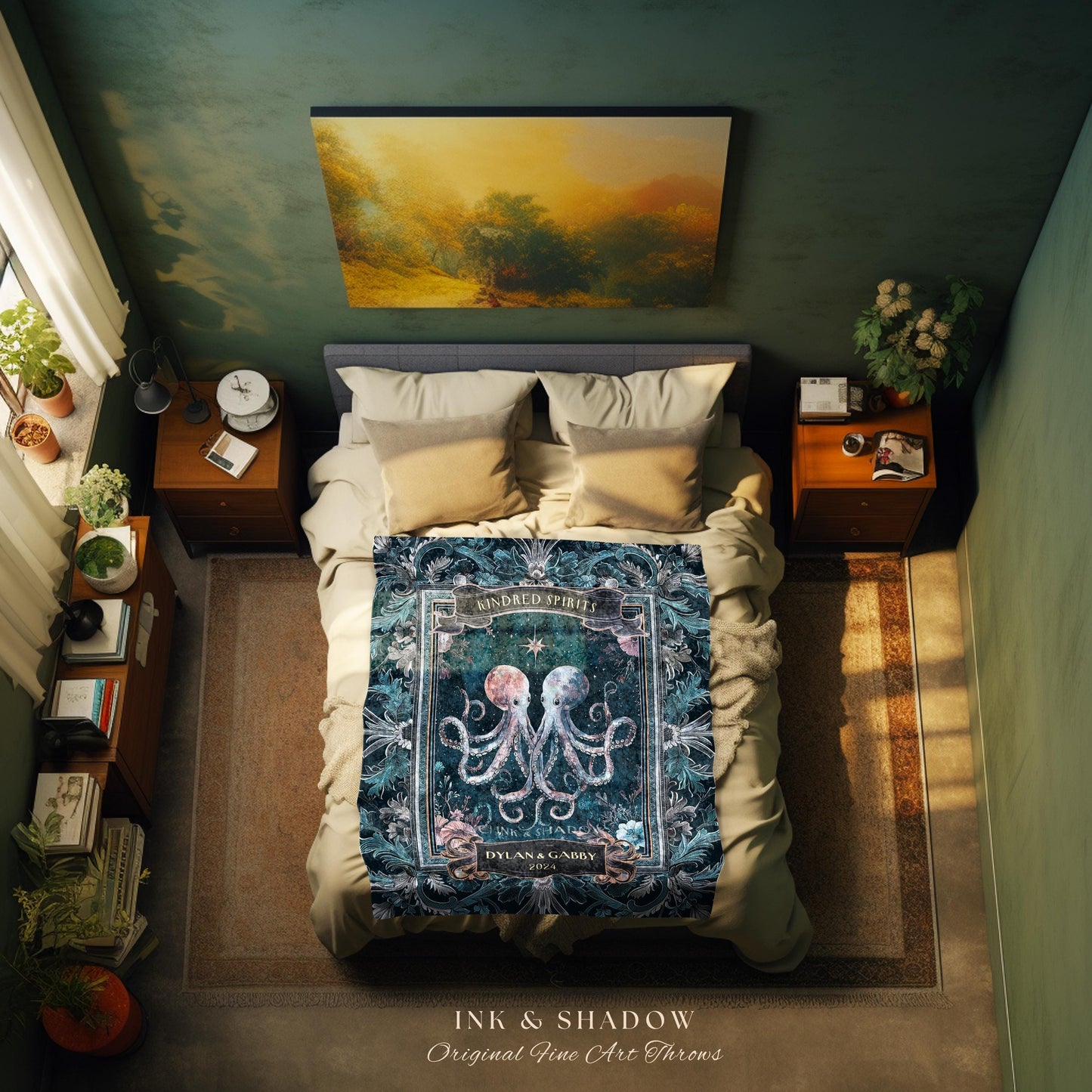 Ethereal Marine Life Octopus Couple Blanket | Personalized Names Woven Tapestry Celestial Aesthetic Underwater Theme Wedding Anniversary |