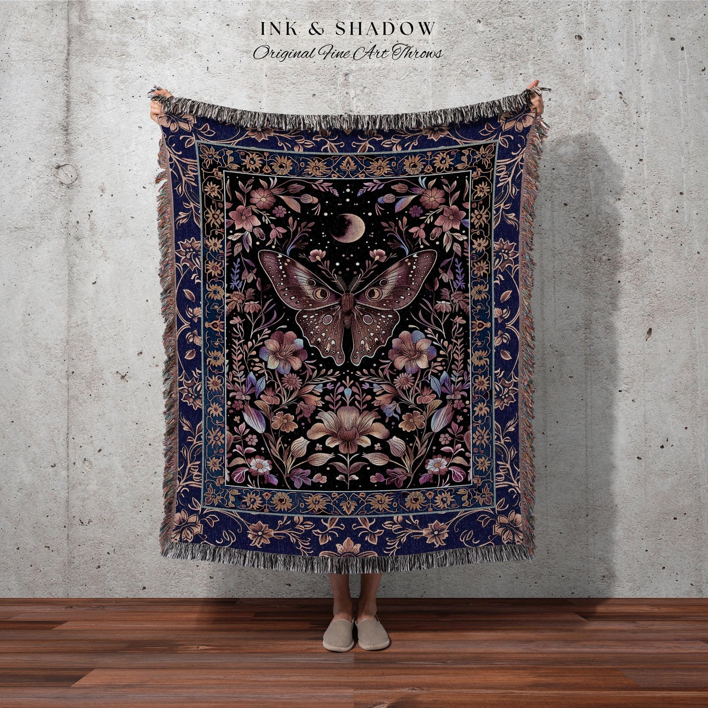 Witchy Botanical Moth Blanket Whimsigothic Purple Floral Fairycore Aesthetic | Gothic Cottagecore Butterfly Celestial Whimsy Tapestry Throw