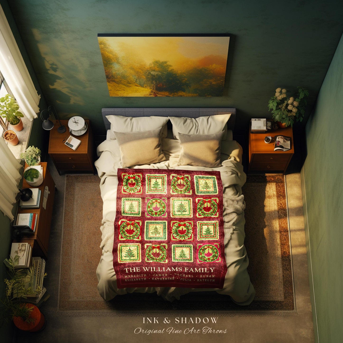 Heritage Family Tree Christmas Wreath Custom Tapestry Throw Vintage Nostalgic Festive Folk Art Blanket Personalized Names Grandparents Gift