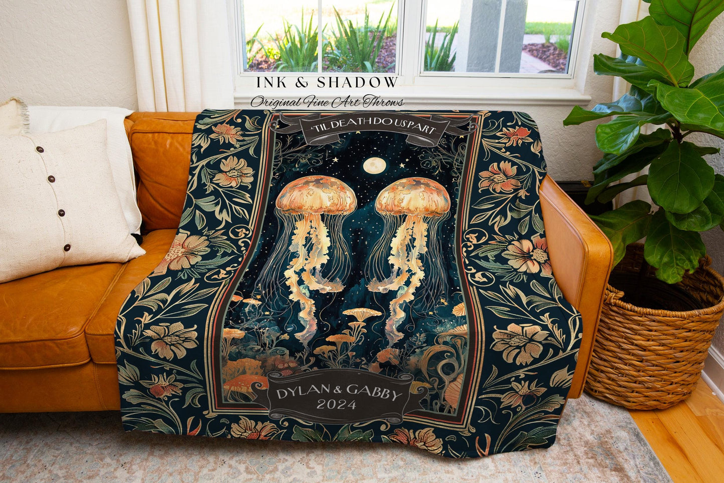 His and Hers Jellyfish Throw Blanket | Underwater Sea Scene Tapestry Celestial Cottagecore Enchanted Wedding Whimsigothic Art Personalized