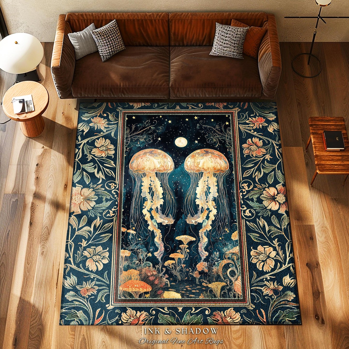 Ocean Gothic Jellyfish Cozy Area Rug | Celestial Costal Cottagecore Enchanted Whimsigothic Dark Floral Woven Tapestry Nautical Accent Rug |