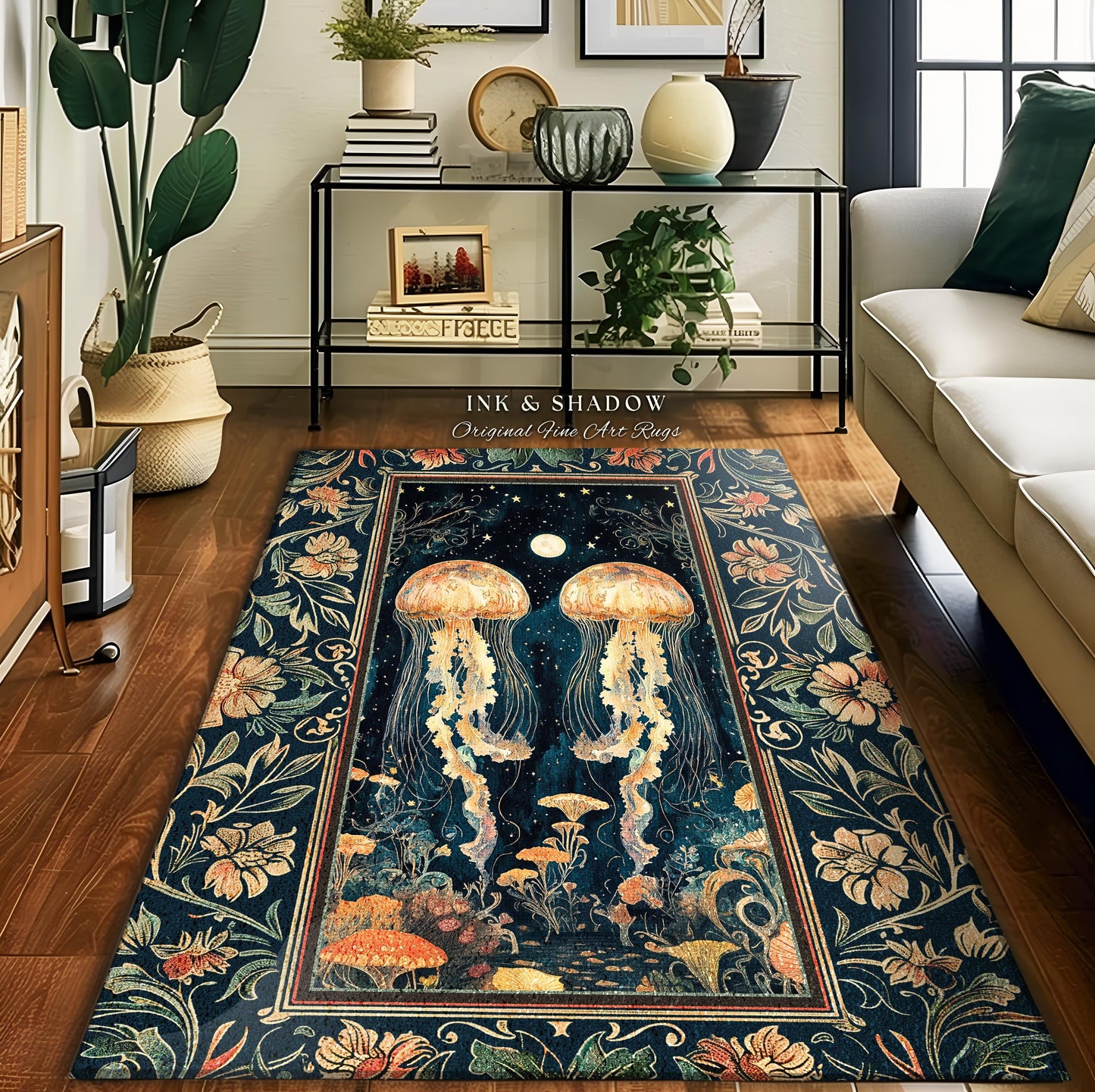 Ocean Gothic Jellyfish Cozy Area Rug | Celestial Costal Cottagecore Enchanted Whimsigothic Dark Floral Woven Tapestry Nautical Accent Rug |