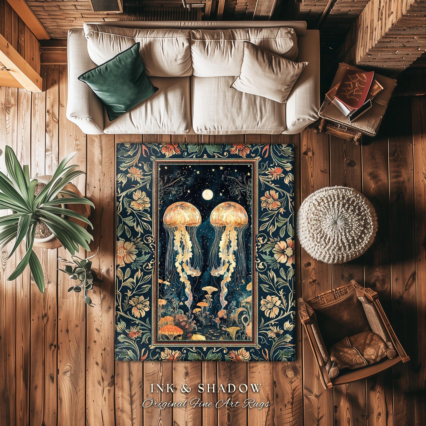 Ocean Gothic Jellyfish Cozy Area Rug | Celestial Costal Cottagecore Enchanted Whimsigothic Dark Floral Woven Tapestry Nautical Accent Rug |