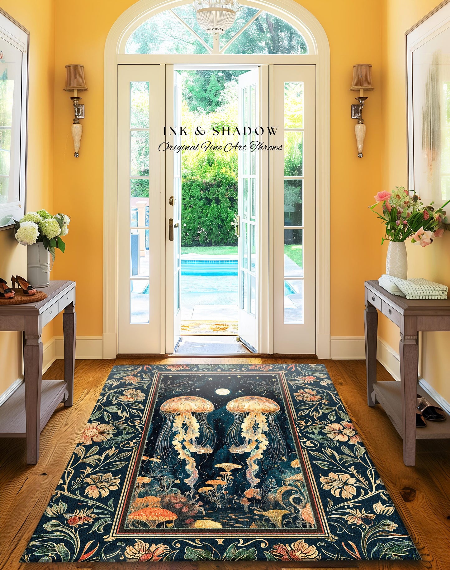 Ocean Gothic Jellyfish Cozy Area Rug | Celestial Costal Cottagecore Enchanted Whimsigothic Dark Floral Woven Tapestry Nautical Accent Rug |
