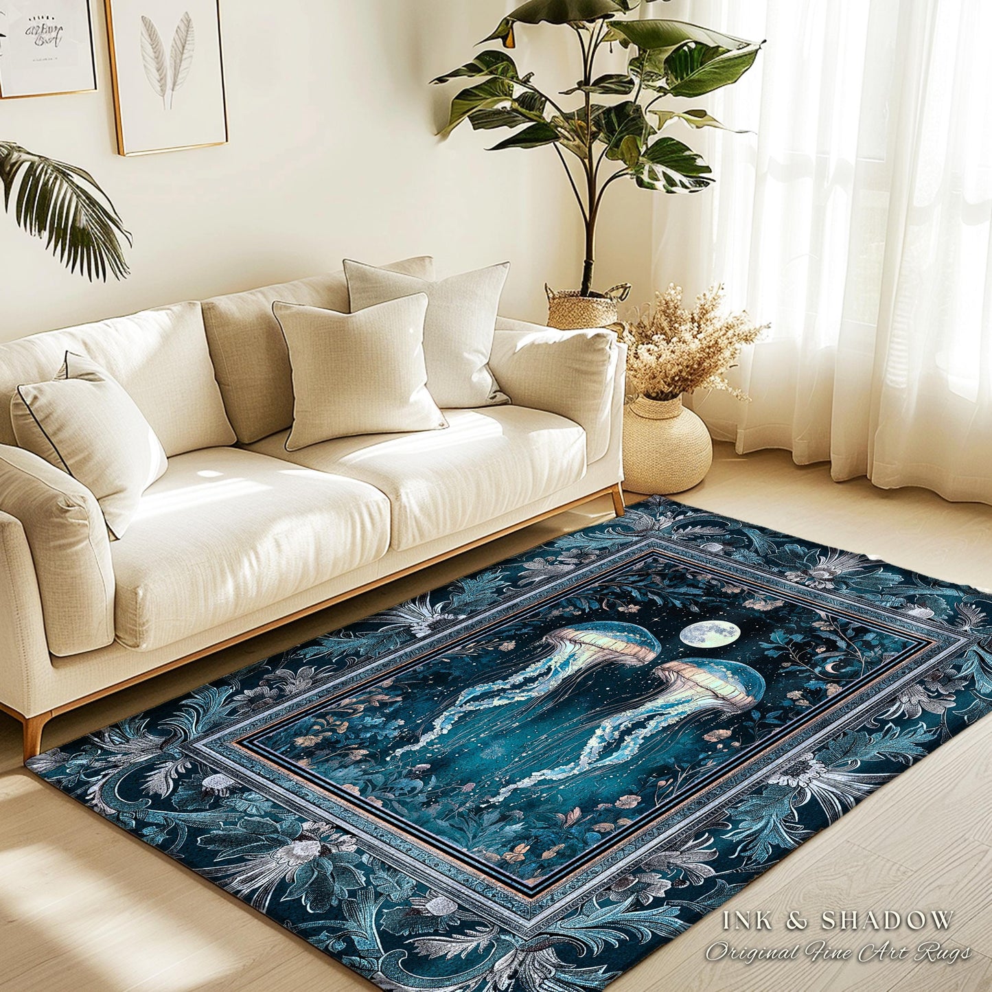 Lunar Ocean Jellyfish Rug Deep Blue Ethereal Coastal Decor, Enchanted Art Nouveau Cottagecore Marine Scene Moonlight Nautical Underwater Rug