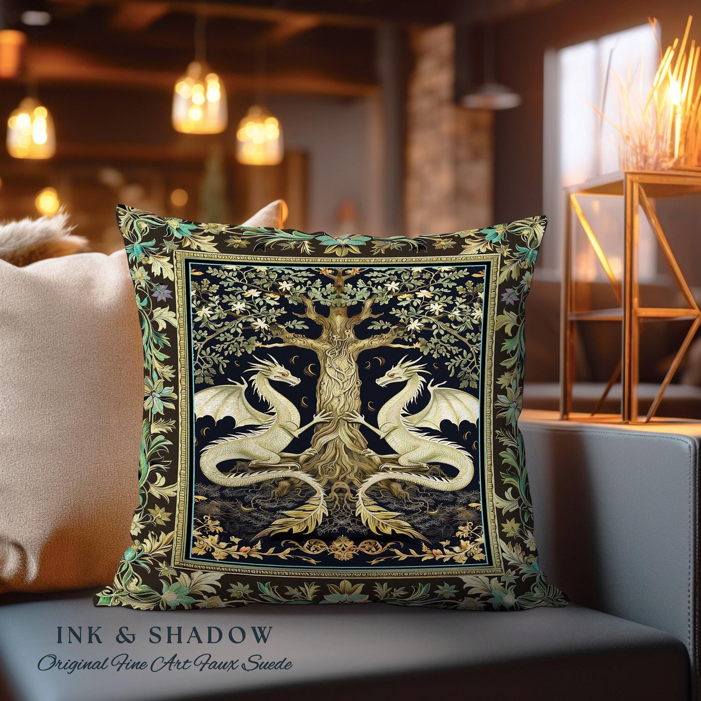 Botanical Gothic Dragon Pillow Mythical Tree of Life Fantasy Art Nouveau Decor, Enchanted Woodland Cottagecore Medieval Inspired Whimsigoth