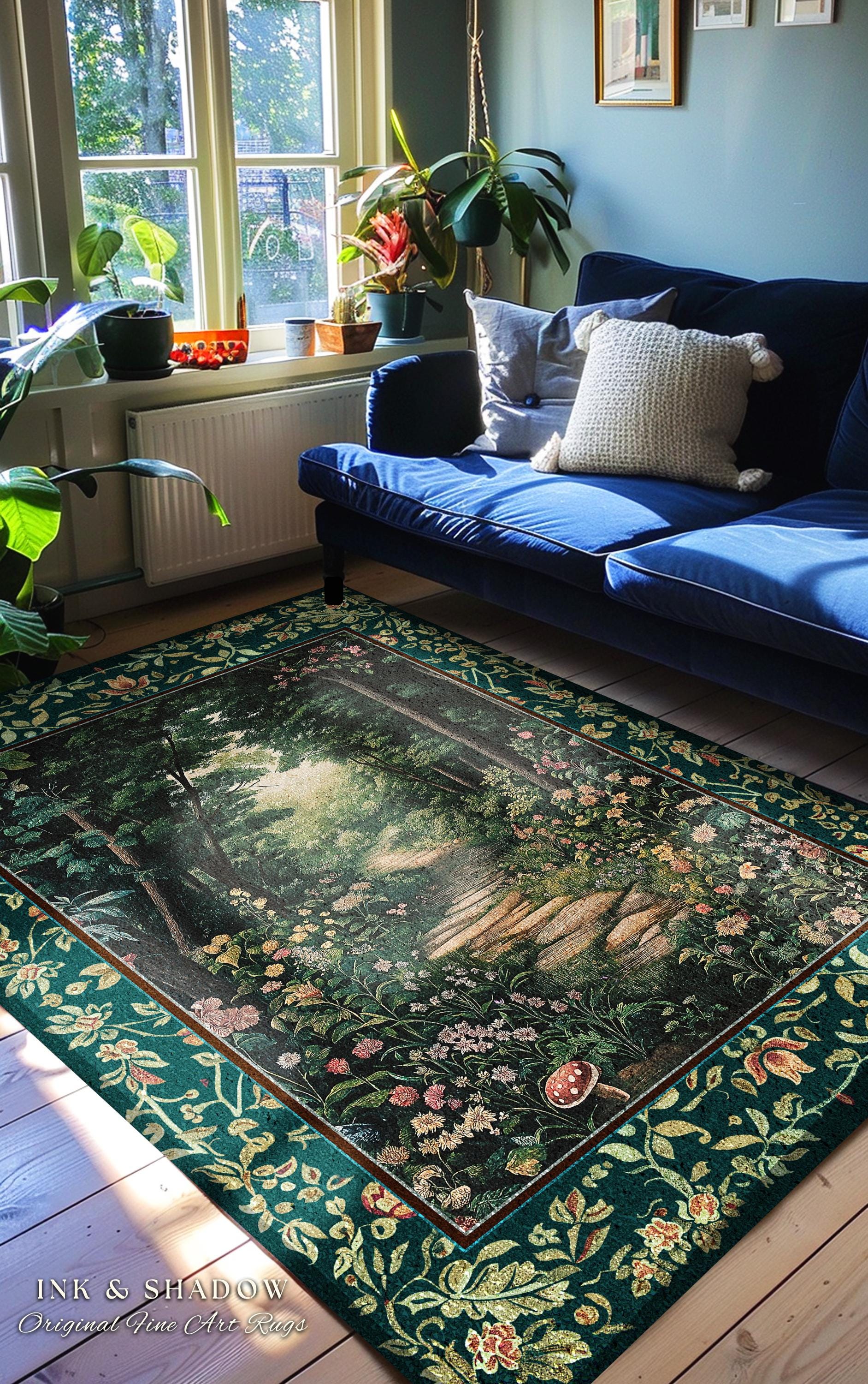 Woodland Forest Cottagecore Kitchen Rug | Fairycore Aesthetic Magical Woodland Entryway Emerald Green Home Decor Whimsigothic Floor Mat Long
