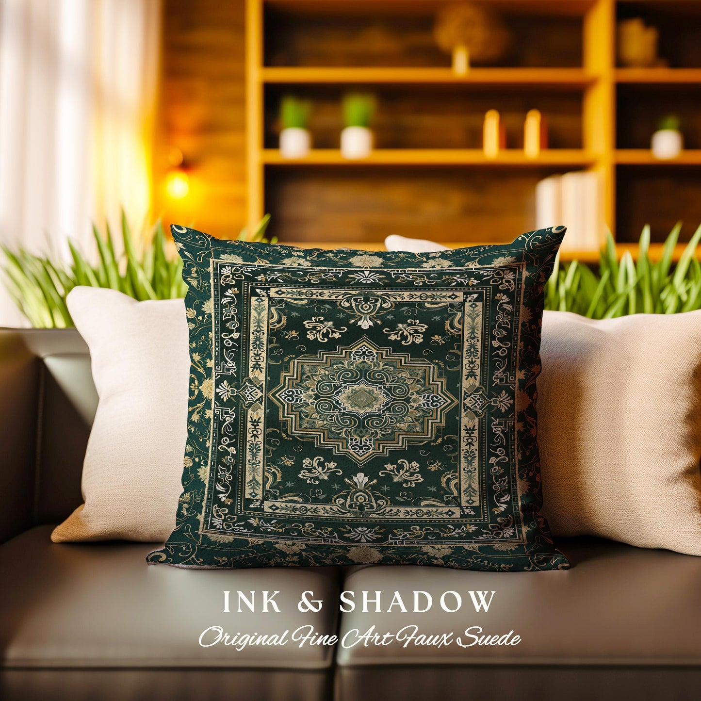 Gothic Maximalist Accent Pillow Bohemian Luxe Ornate Geometric Forest Green & Antique Gold Vintage Victorian Cottagecore Tapestry Cushion