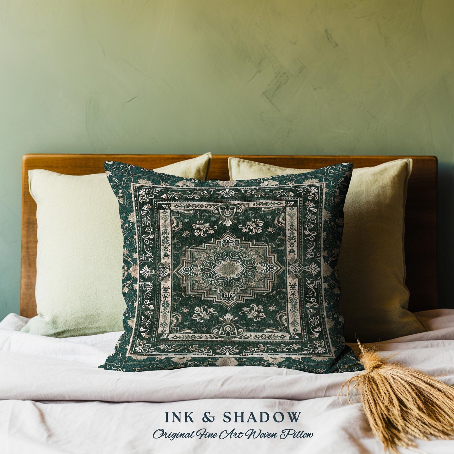 Gothic Maximalist Accent Pillow Bohemian Luxe Ornate Geometric Forest Green & Antique Gold Vintage Victorian Cottagecore Tapestry Cushion
