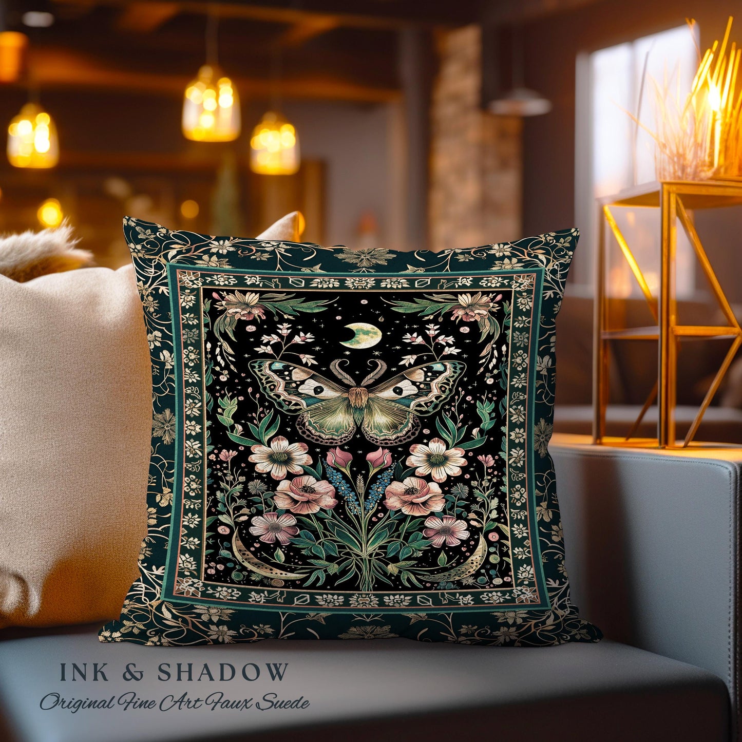 Ethereal Moth Tapestry Pillow Witchy Aesthetic Room Decor, Gothic Whimsical Occult Whimsigoth Wildflower Butterfly Fairycore Woven Cushion