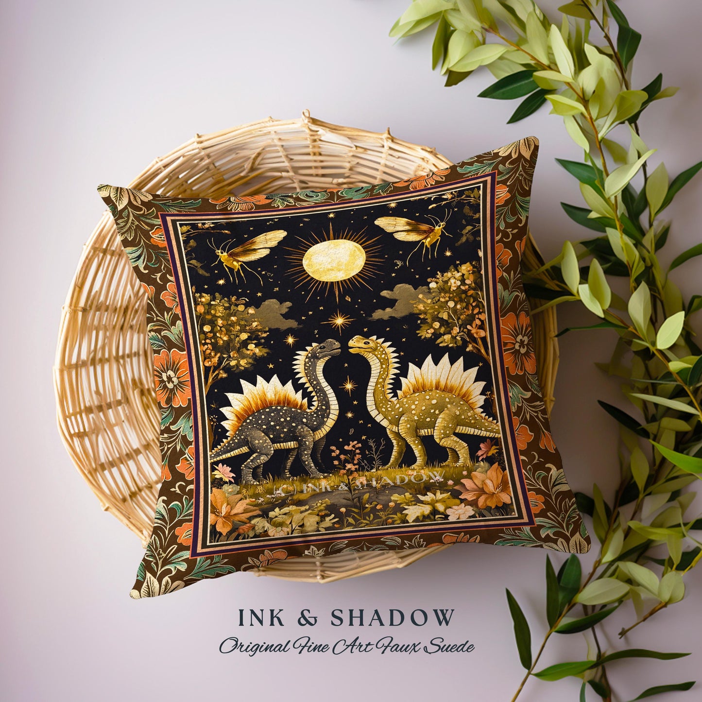 Rustic Elegance Dinosaur Decor Woodland Gothic Celestial Stegosaurus Pillow Antique Baroque Aesthetic Enchanted Forestcore Art Home Accent