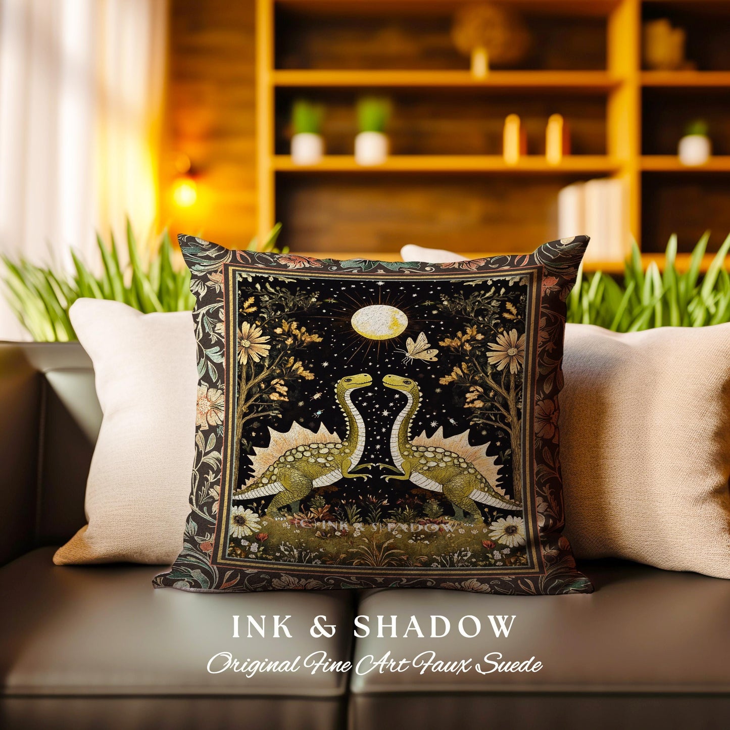 Vintage Woodland Gothic Dinosaur Pillow Rustic Olive Green Farmhouse Celestial Cottagecore Accent Retro Goblincore Stegosaurus Dino Cushion