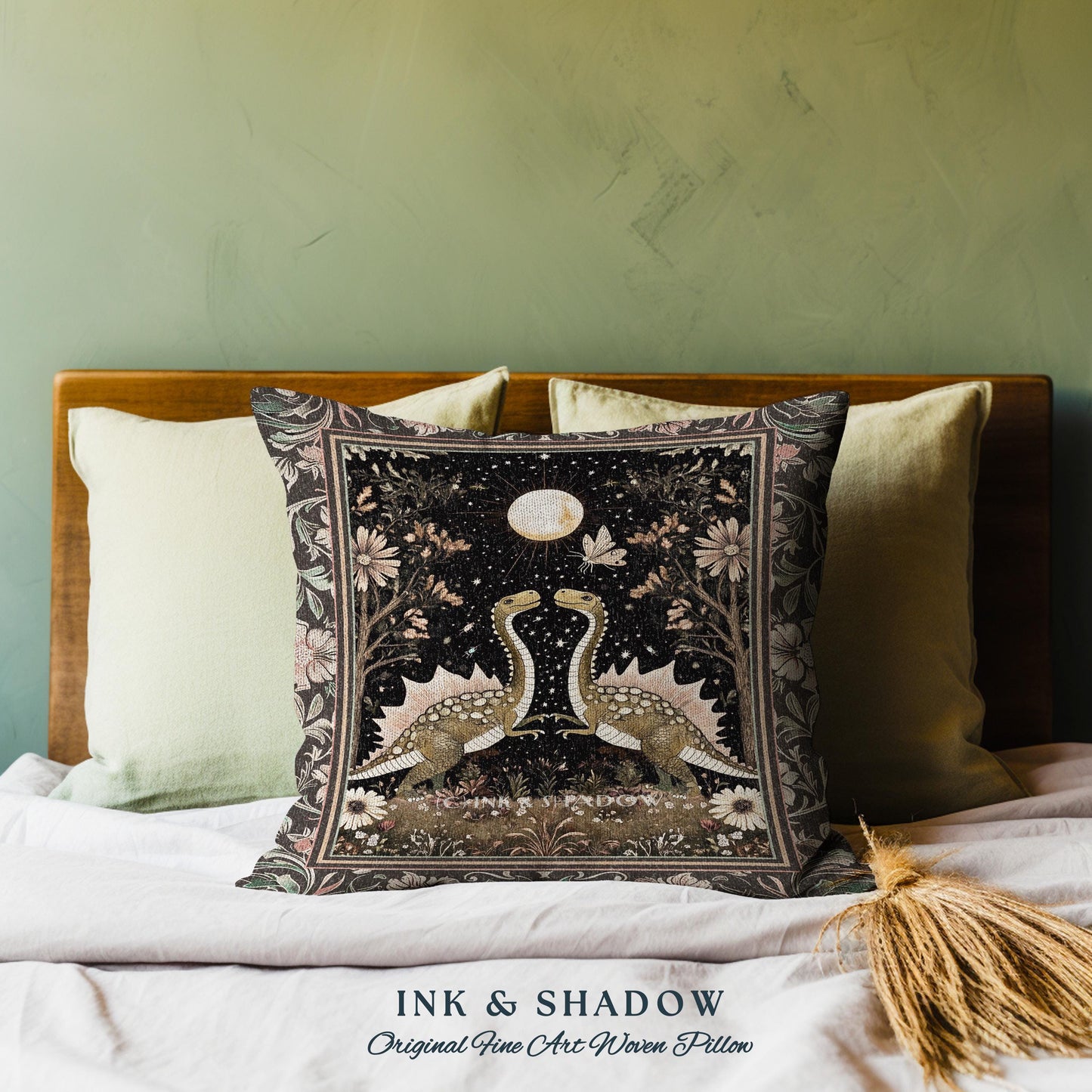 Vintage Woodland Gothic Dinosaur Pillow Rustic Olive Green Farmhouse Celestial Cottagecore Accent Retro Goblincore Stegosaurus Dino Cushion
